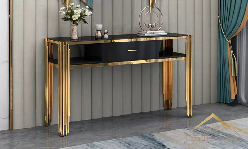 Fluted Gold Console Table Black Glass