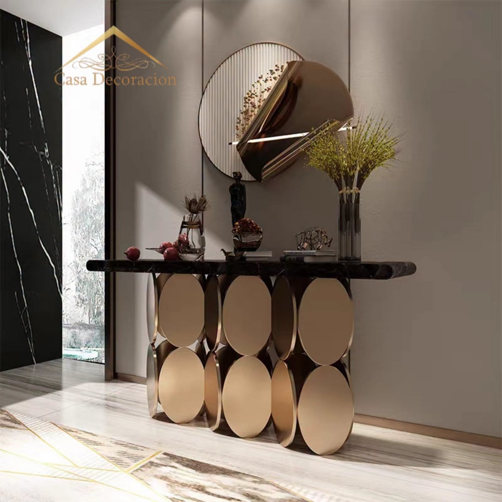 Gold Circular Console Table Black Top