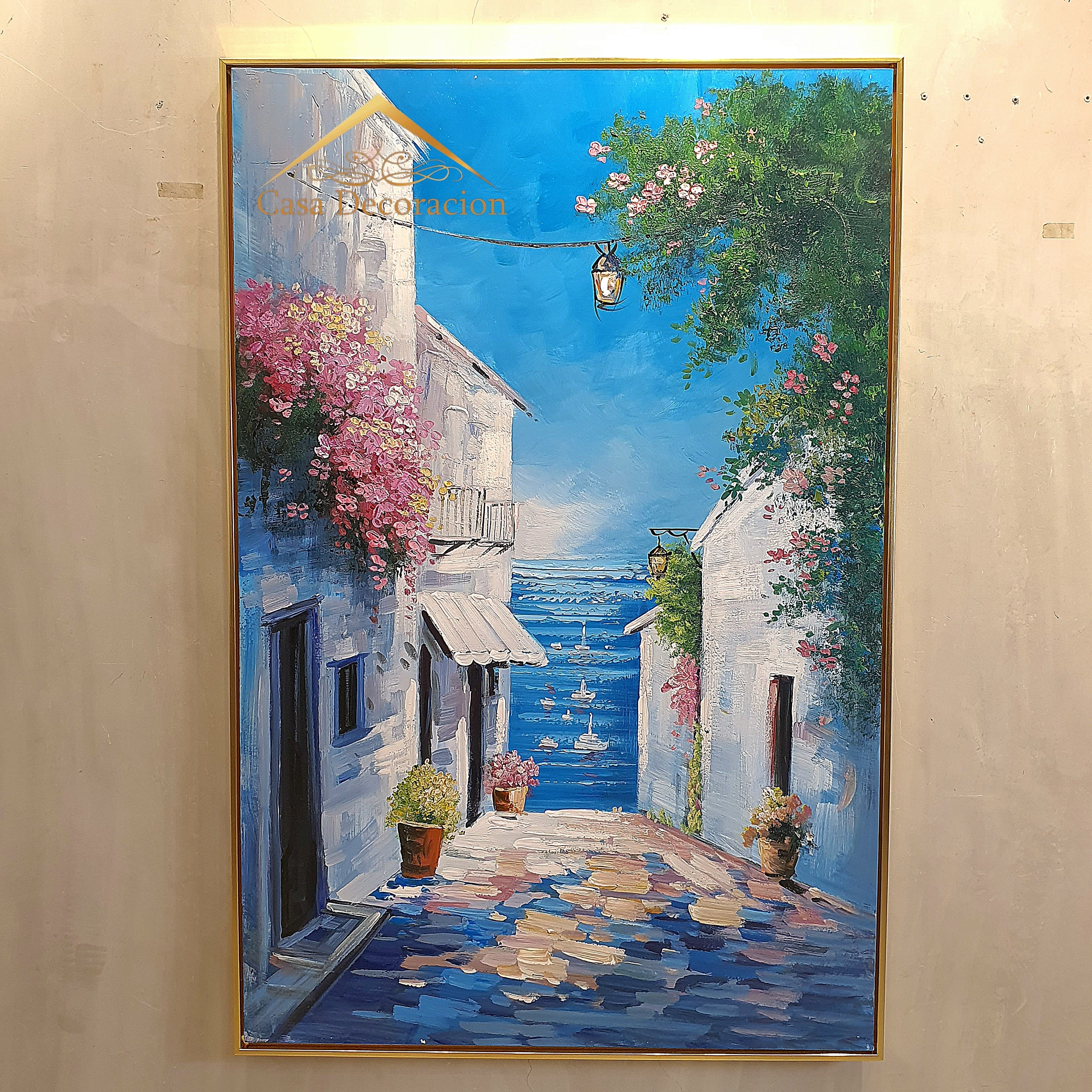 Mediterranean Ally with Pink Flowers Handmade Painting