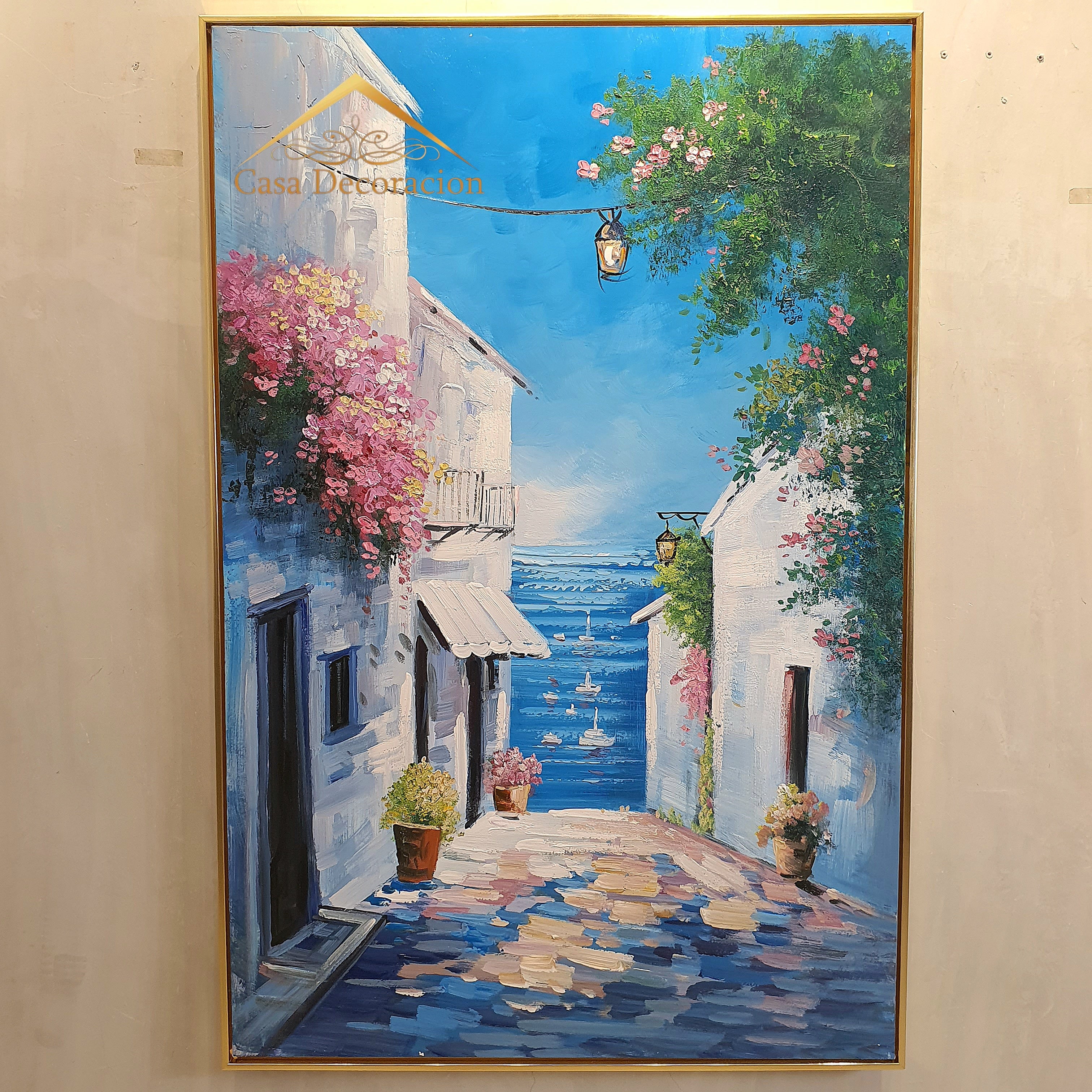 Mediterranean Ally with Pink Flowers Handmade Painting
