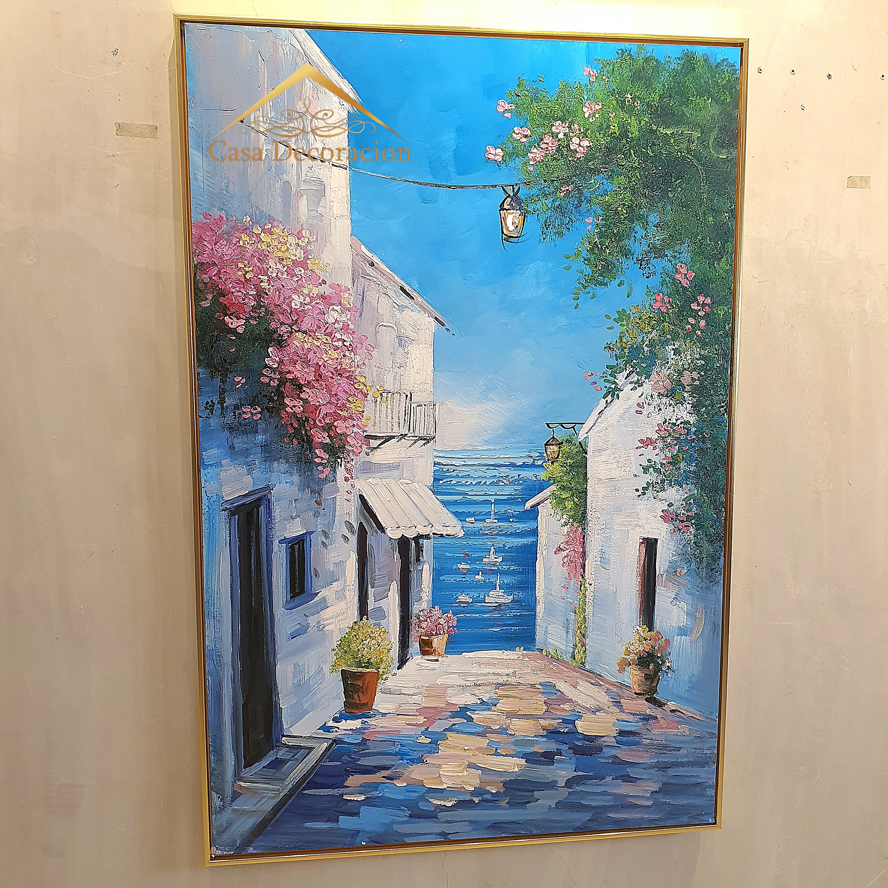 Mediterranean Ally with Pink Flowers Handmade Painting
