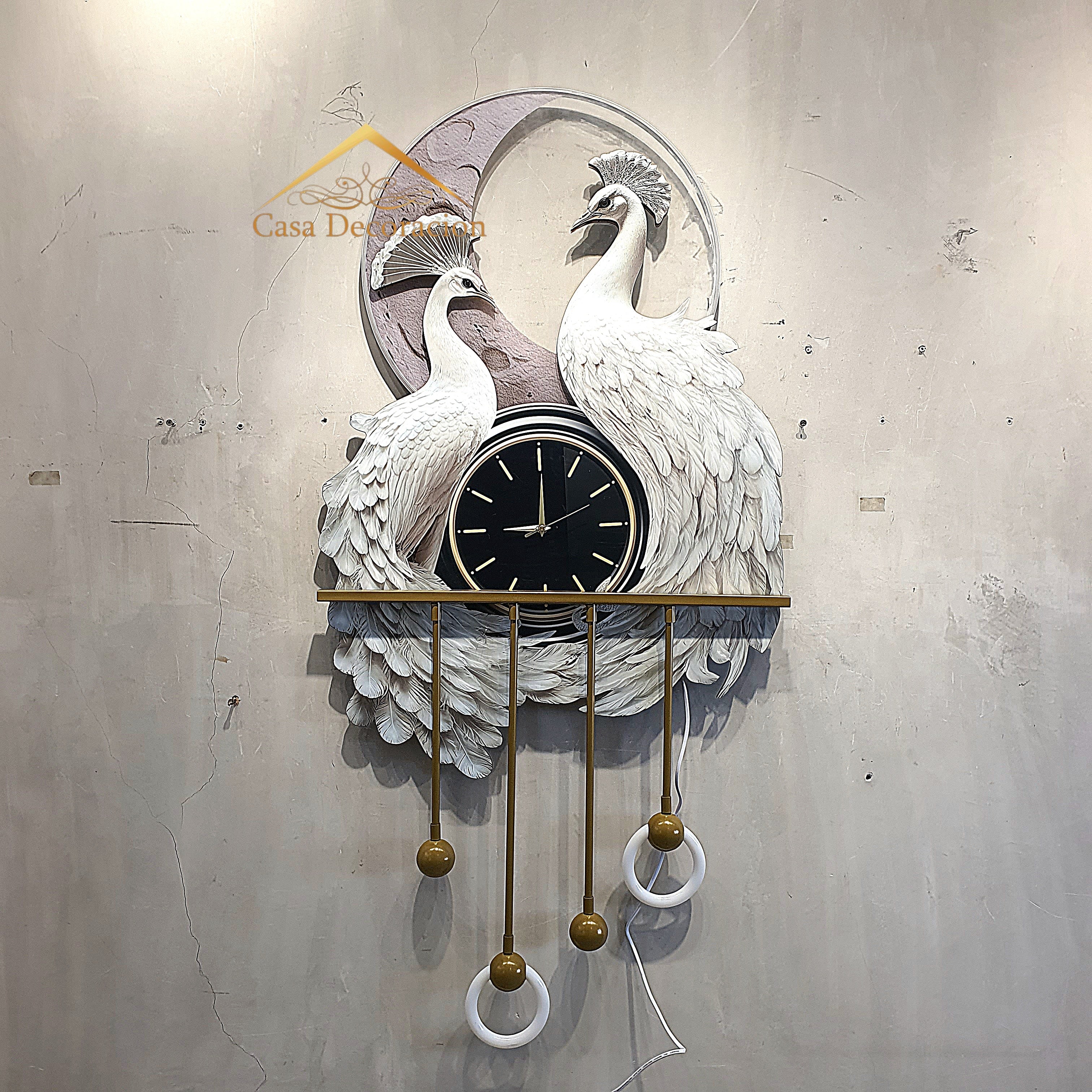 Couple White Peacock with Clock & LED Lights