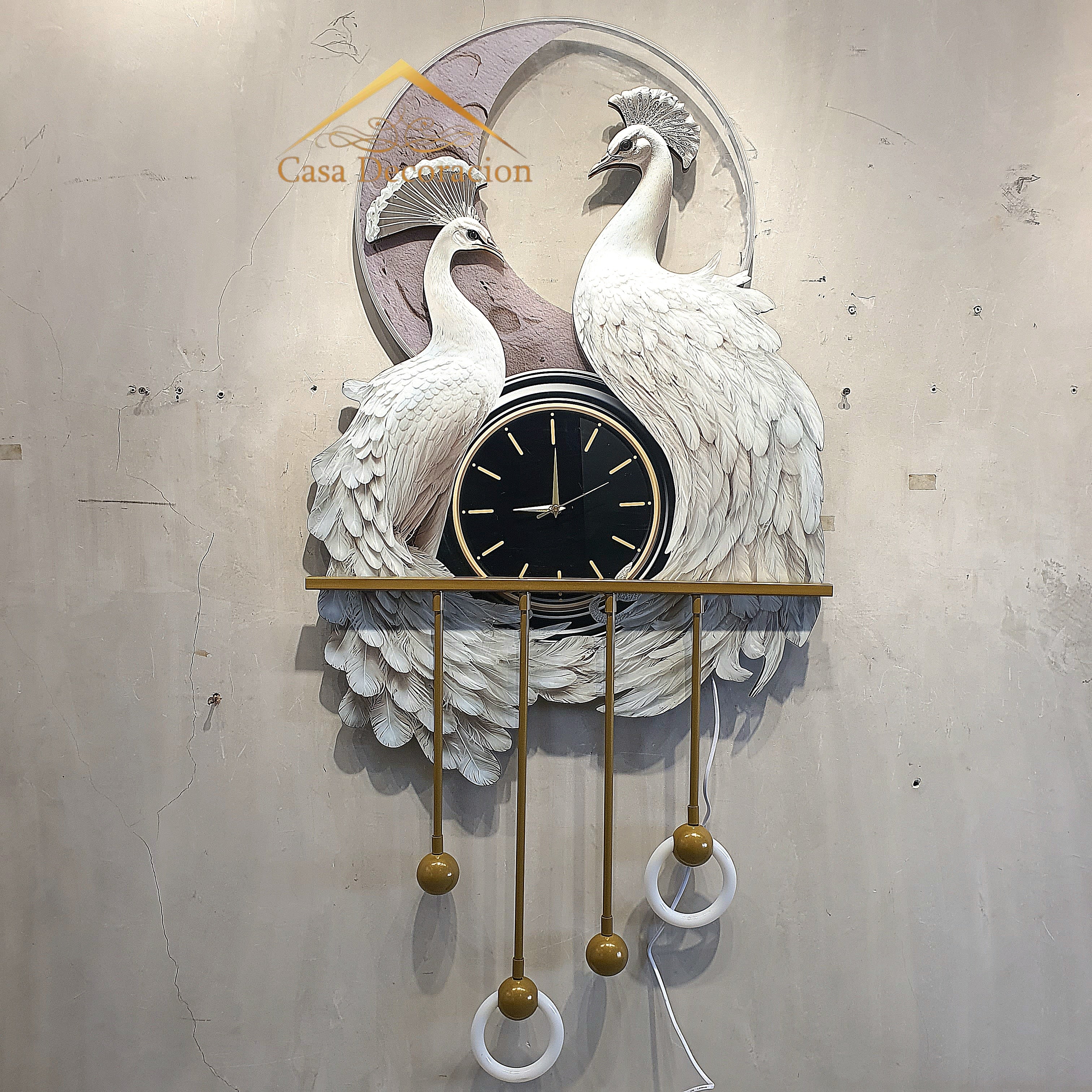 Couple White Peacock with Clock & LED Lights