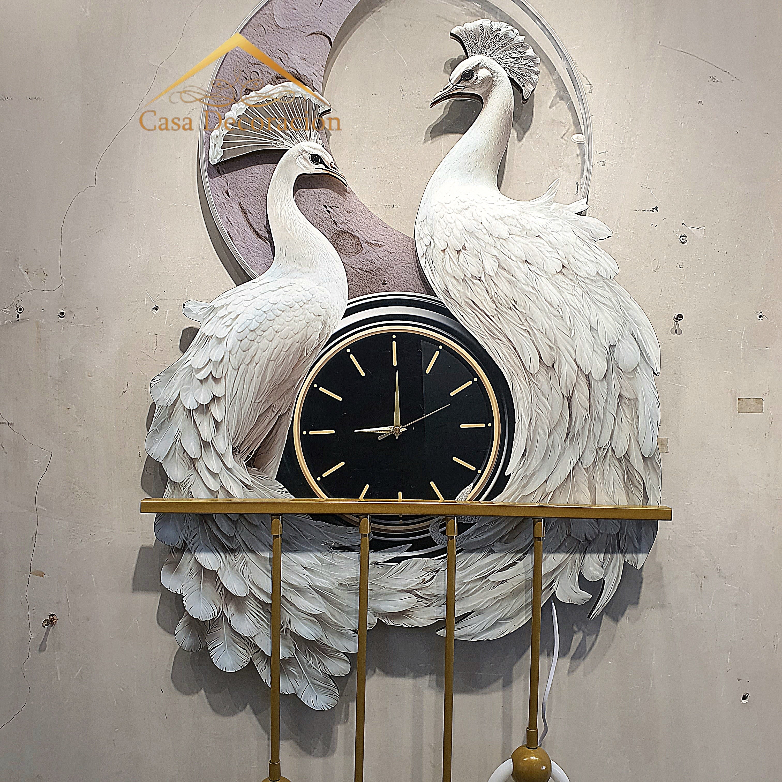 Couple White Peacock with Clock & LED Lights