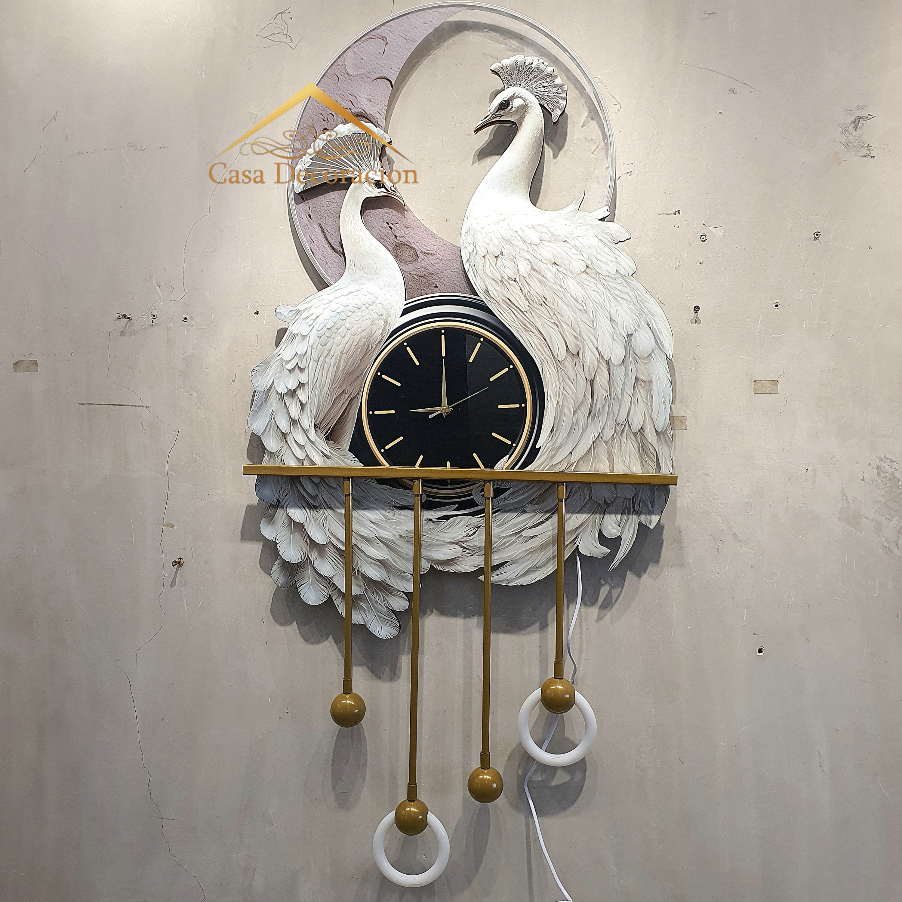 Couple White Peacock with Clock & LED Lights