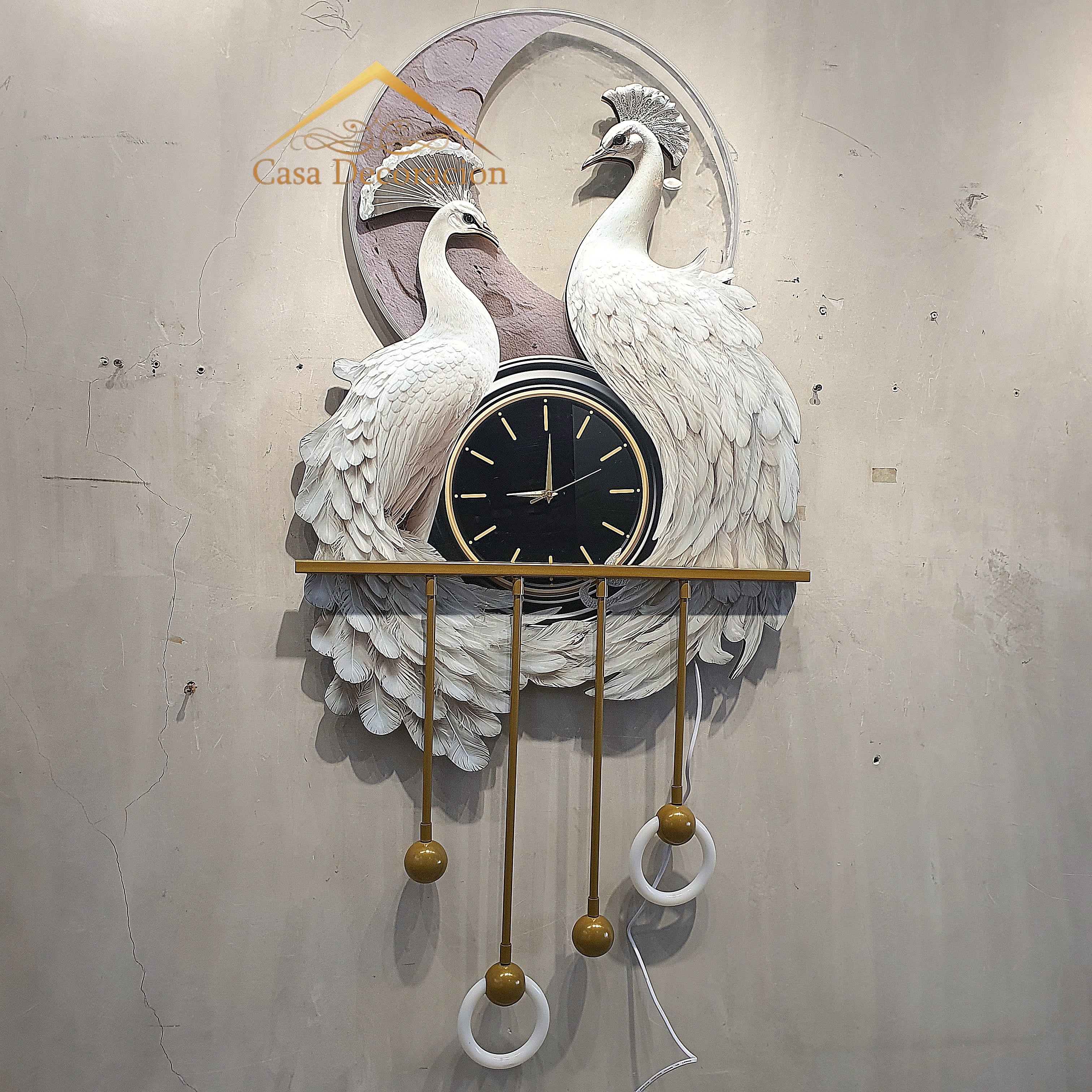 Couple White Peacock with Clock & LED Lights