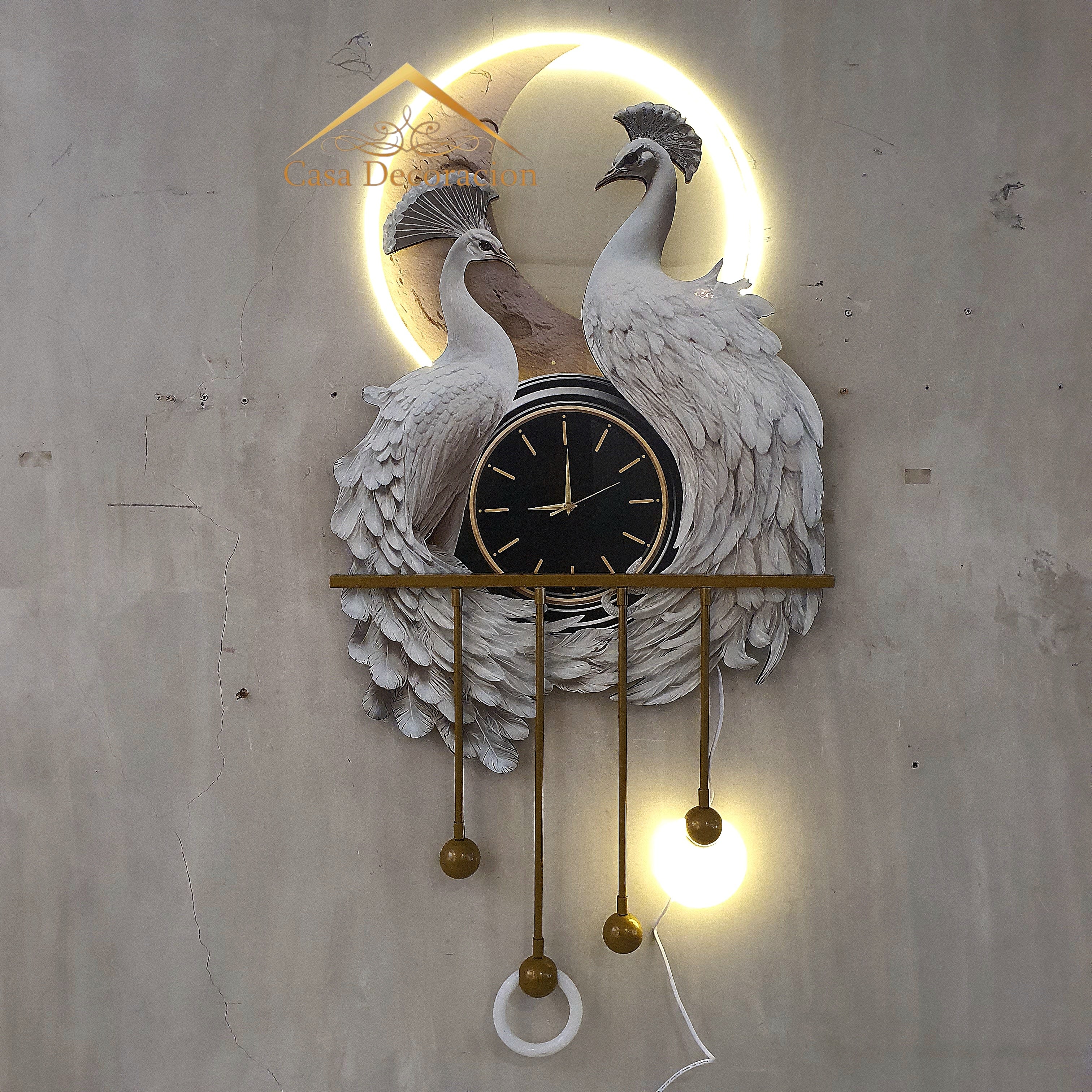 Couple White Peacock with Clock & LED Lights