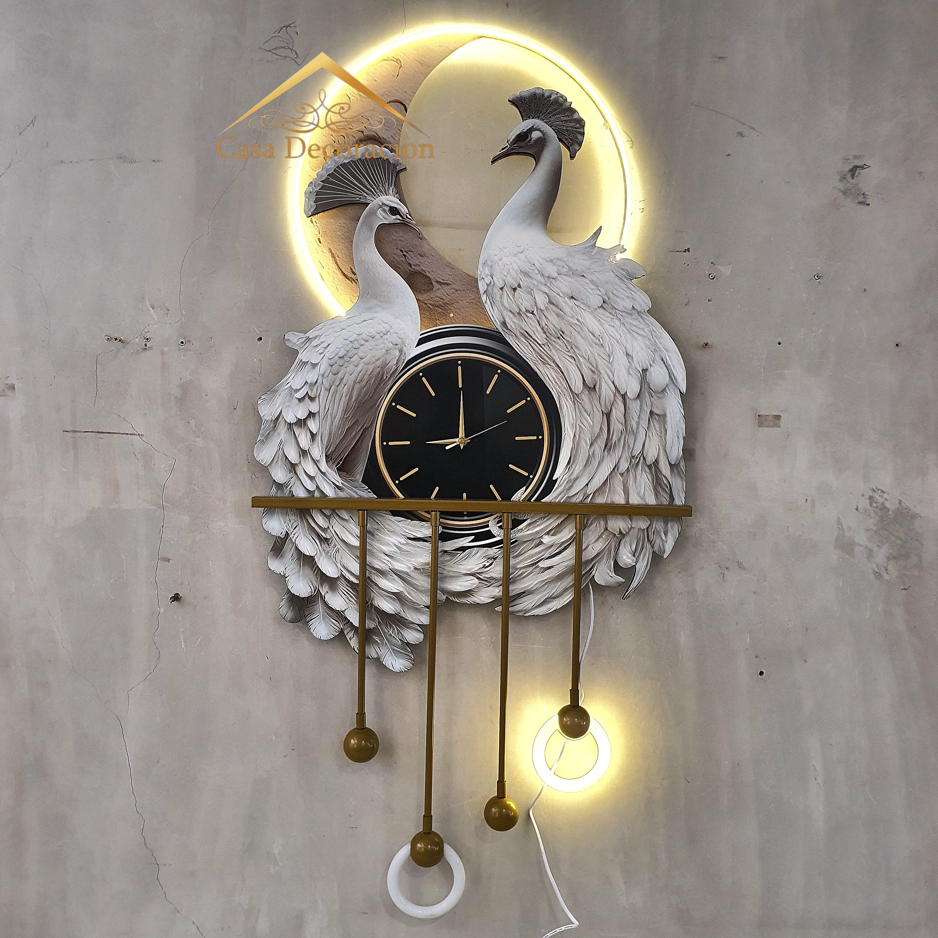 Couple White Peacock with Clock & LED Lights