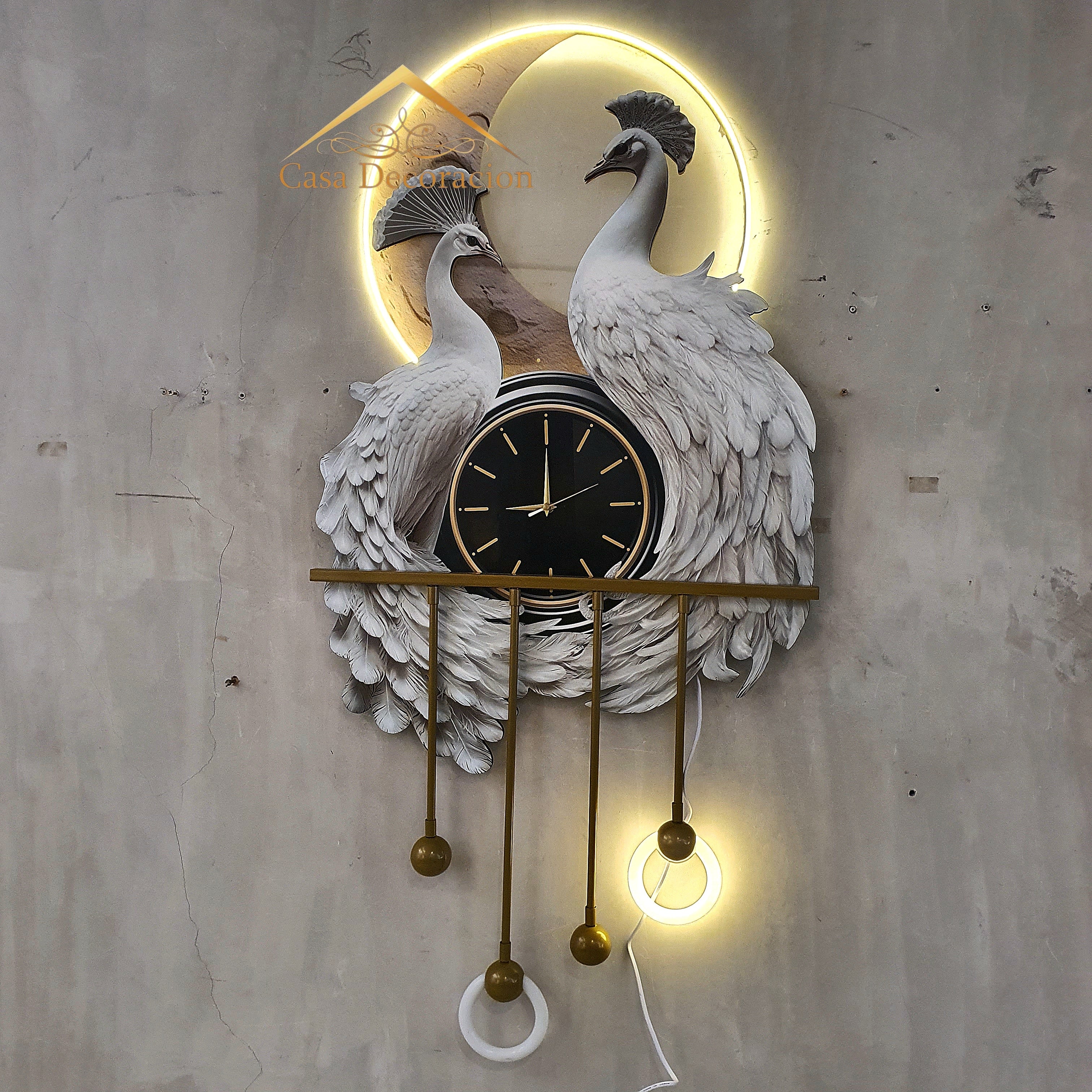 Couple White Peacock with Clock & LED Lights