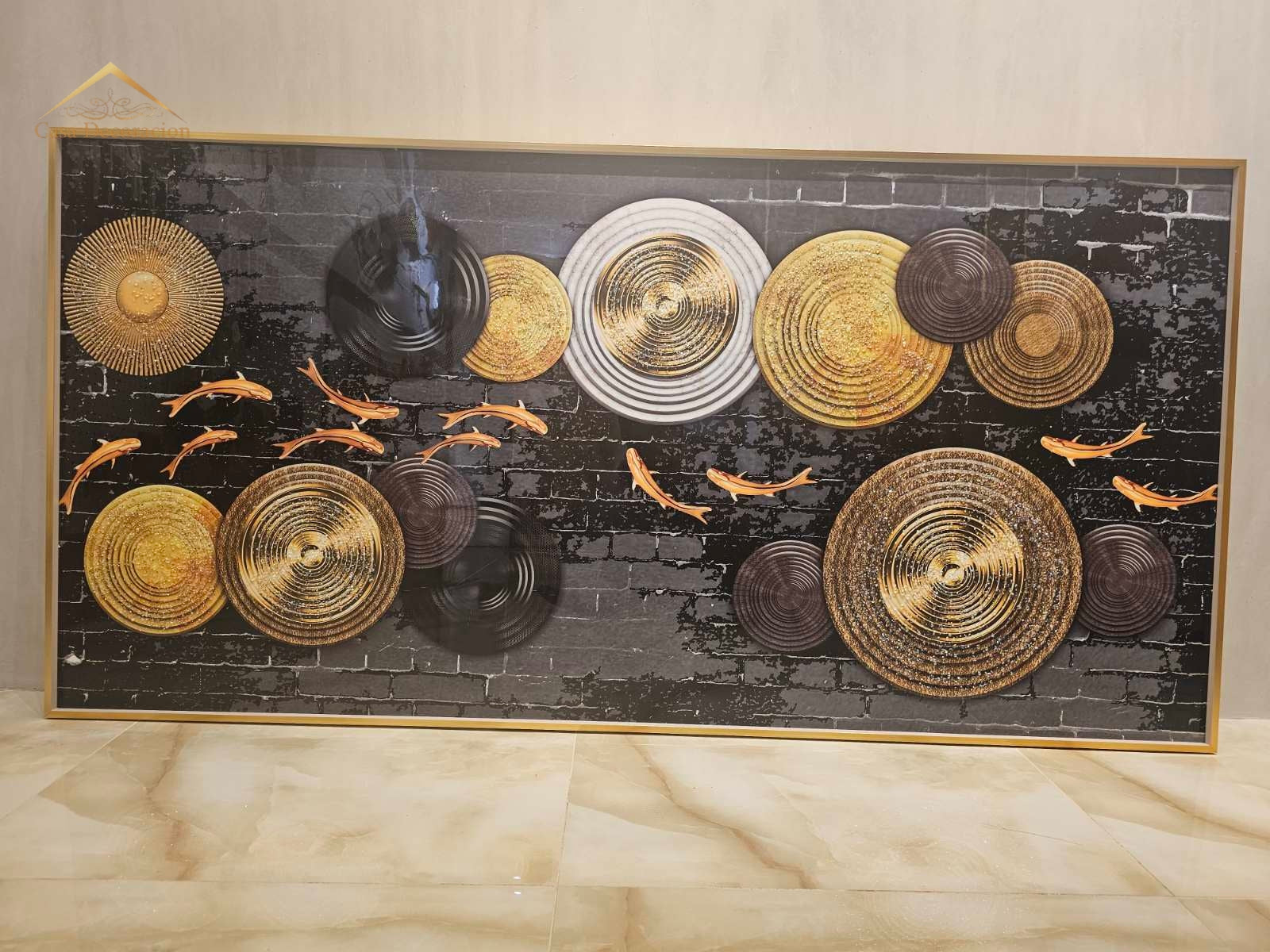 Golden Koi Fishes Horizontal Frame 3d Embossed Beads W/ LED Light