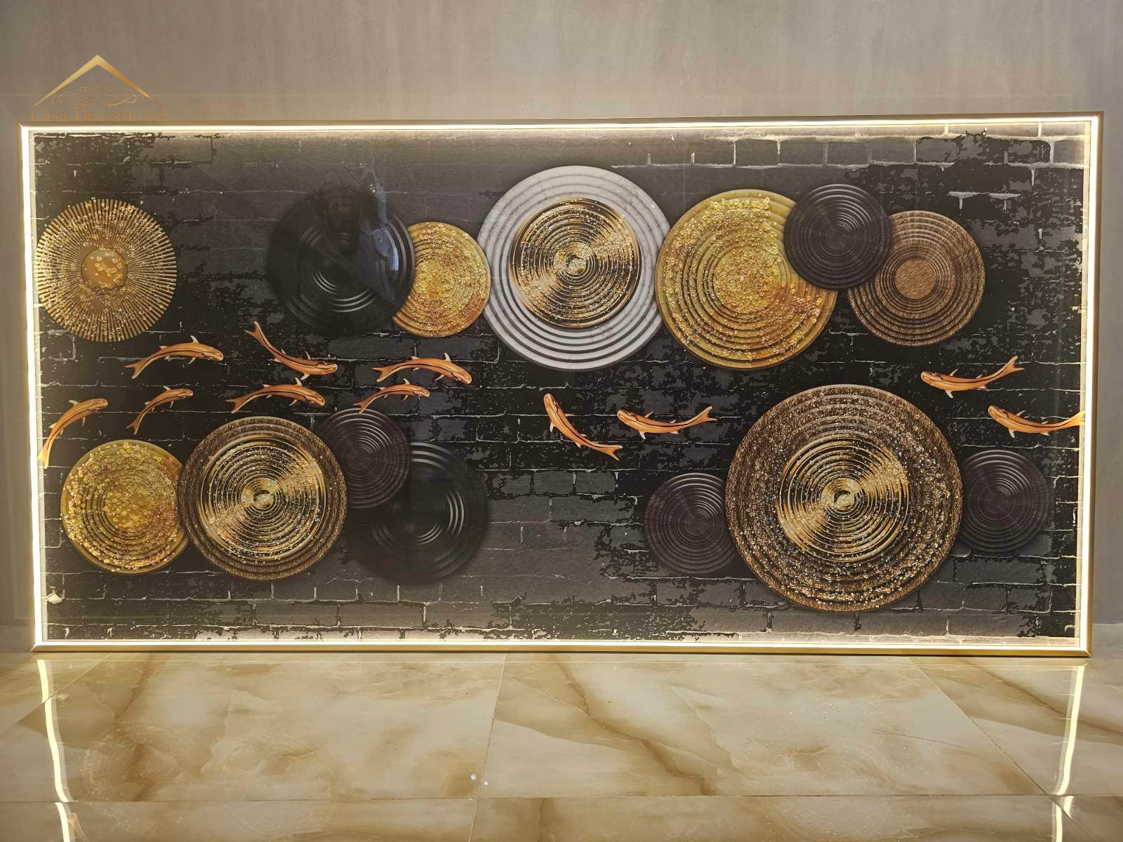 Golden Koi Fishes Horizontal Frame 3d Embossed Beads W/ LED Light