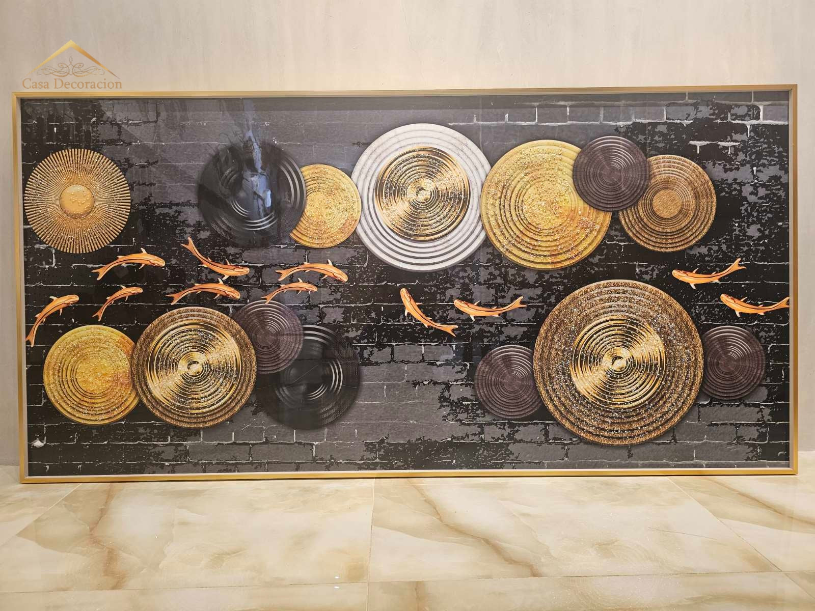 Golden Koi Fishes Horizontal Frame 3d Embossed Beads W/ LED Light