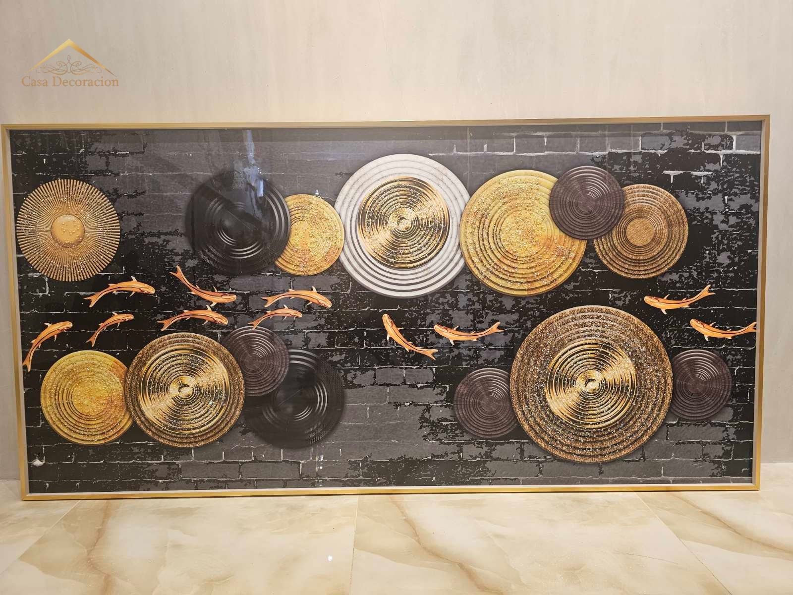 Golden Koi Fishes Horizontal Frame 3d Embossed Beads W/ LED Light