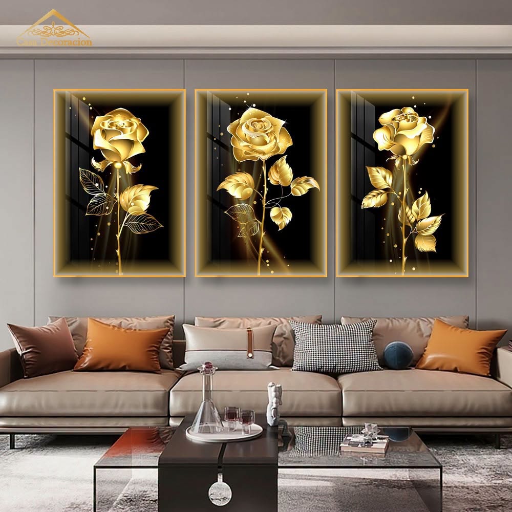 Golden Roses w/ LED Light - Set of 3 Crystal Painting