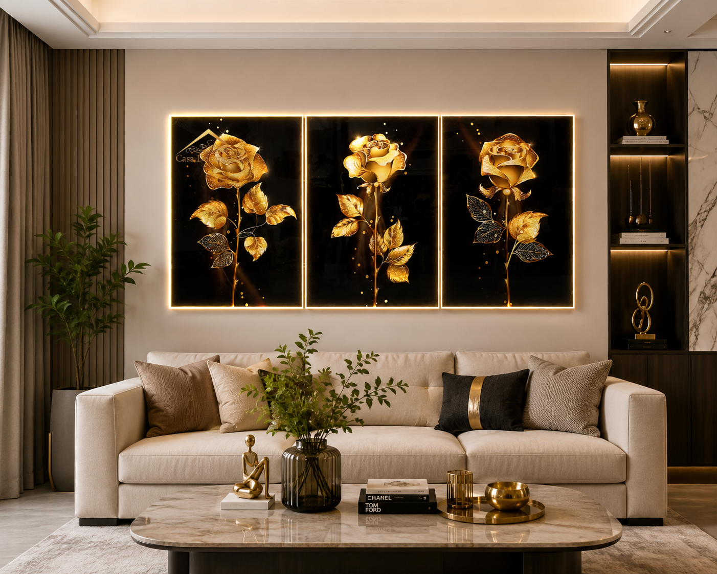 Golden Roses w/ LED Light - Set of 3 Crystal Painting
