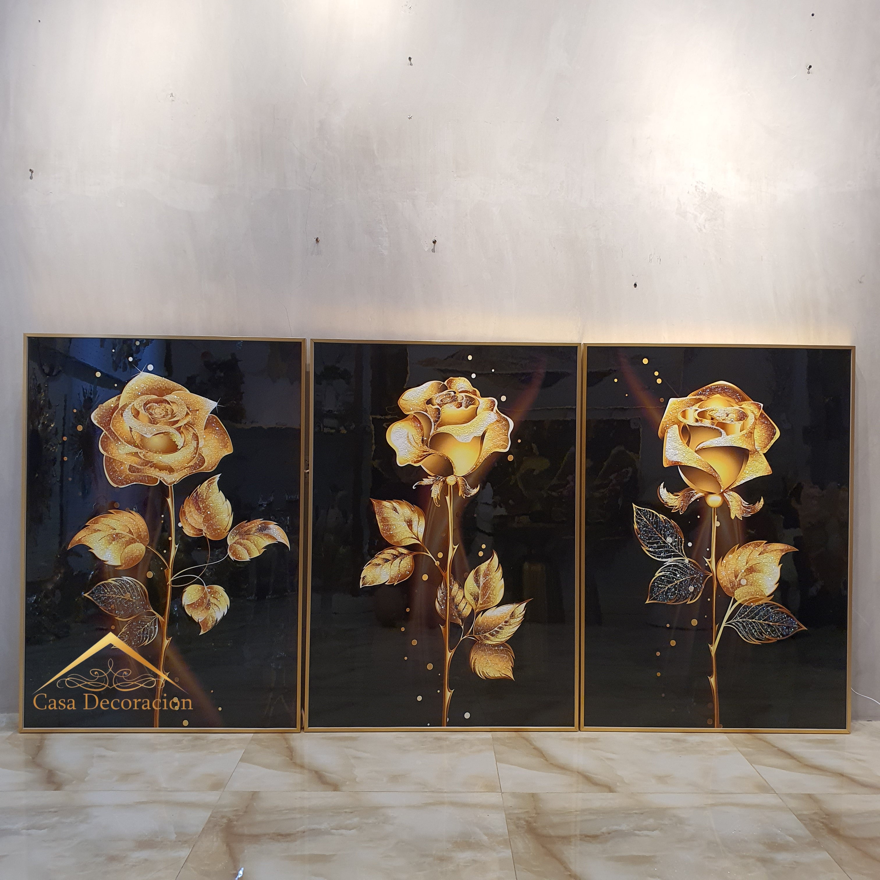 Golden Roses w/ LED Light - Set of 3 Crystal Painting