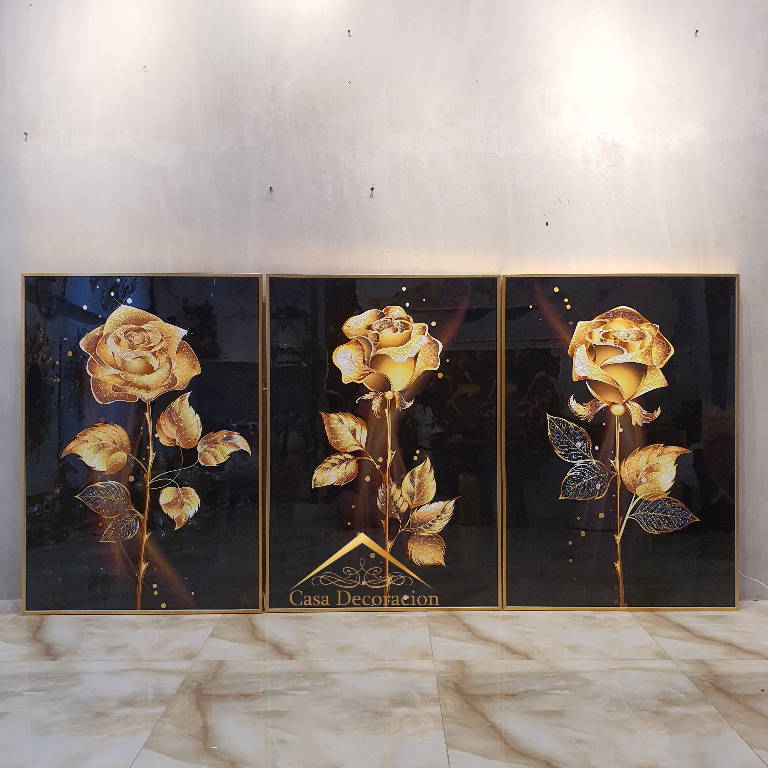 Golden Roses w/ LED Light - Set of 3 Crystal Painting