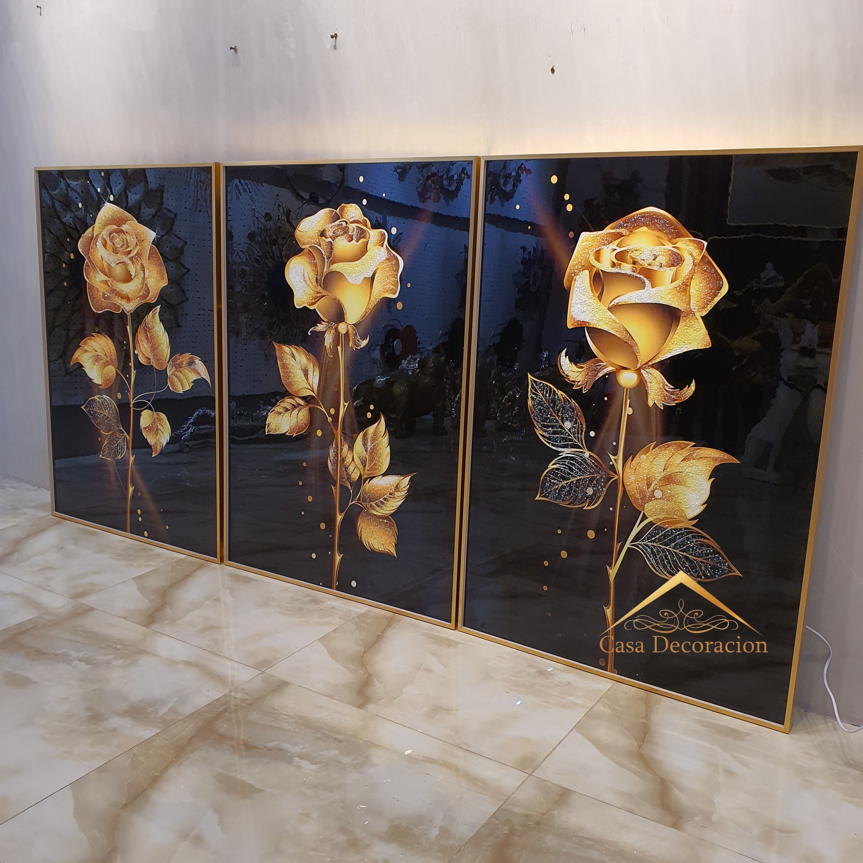 Golden Roses w/ LED Light - Set of 3 Crystal Painting