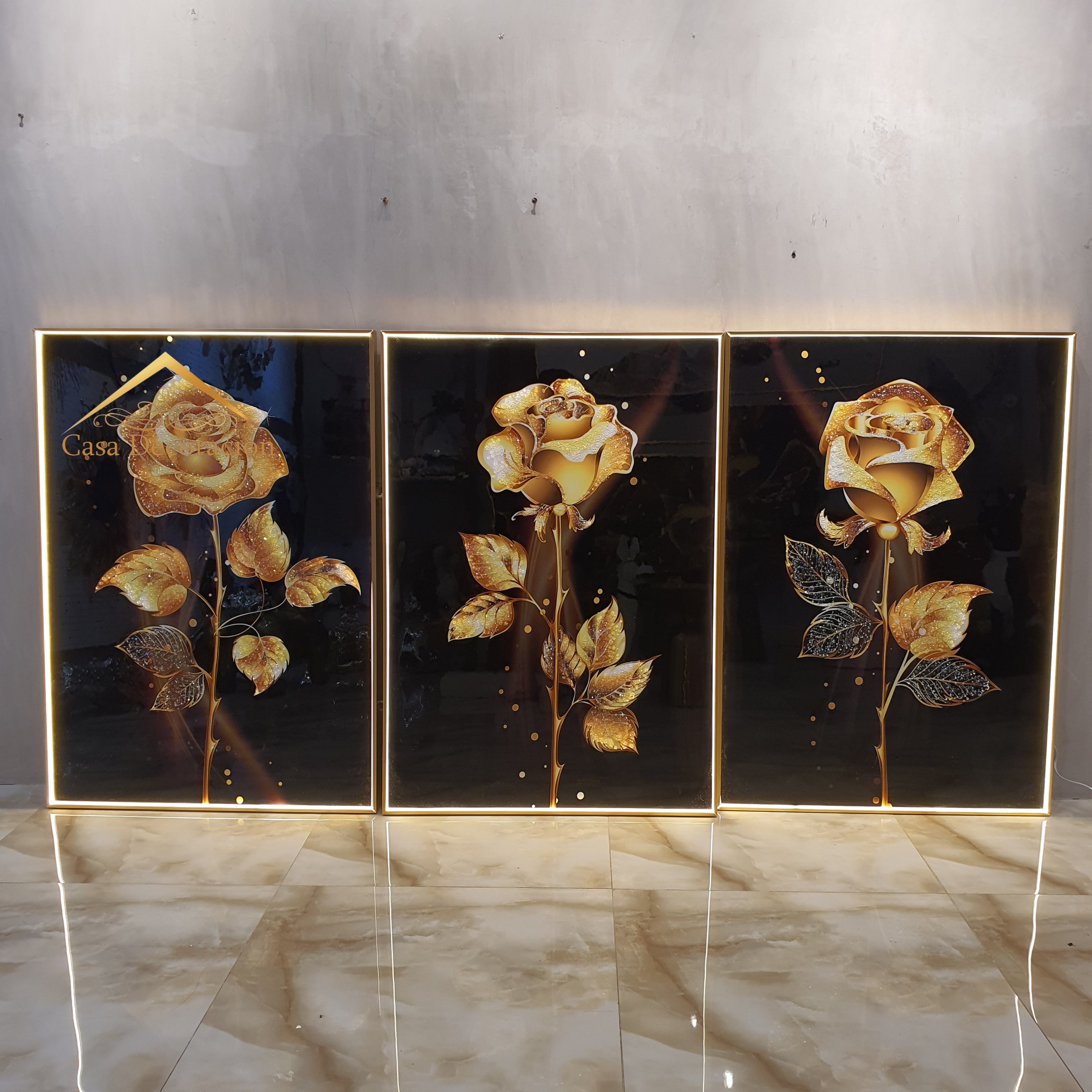 Golden Roses w/ LED Light - Set of 3 Crystal Painting