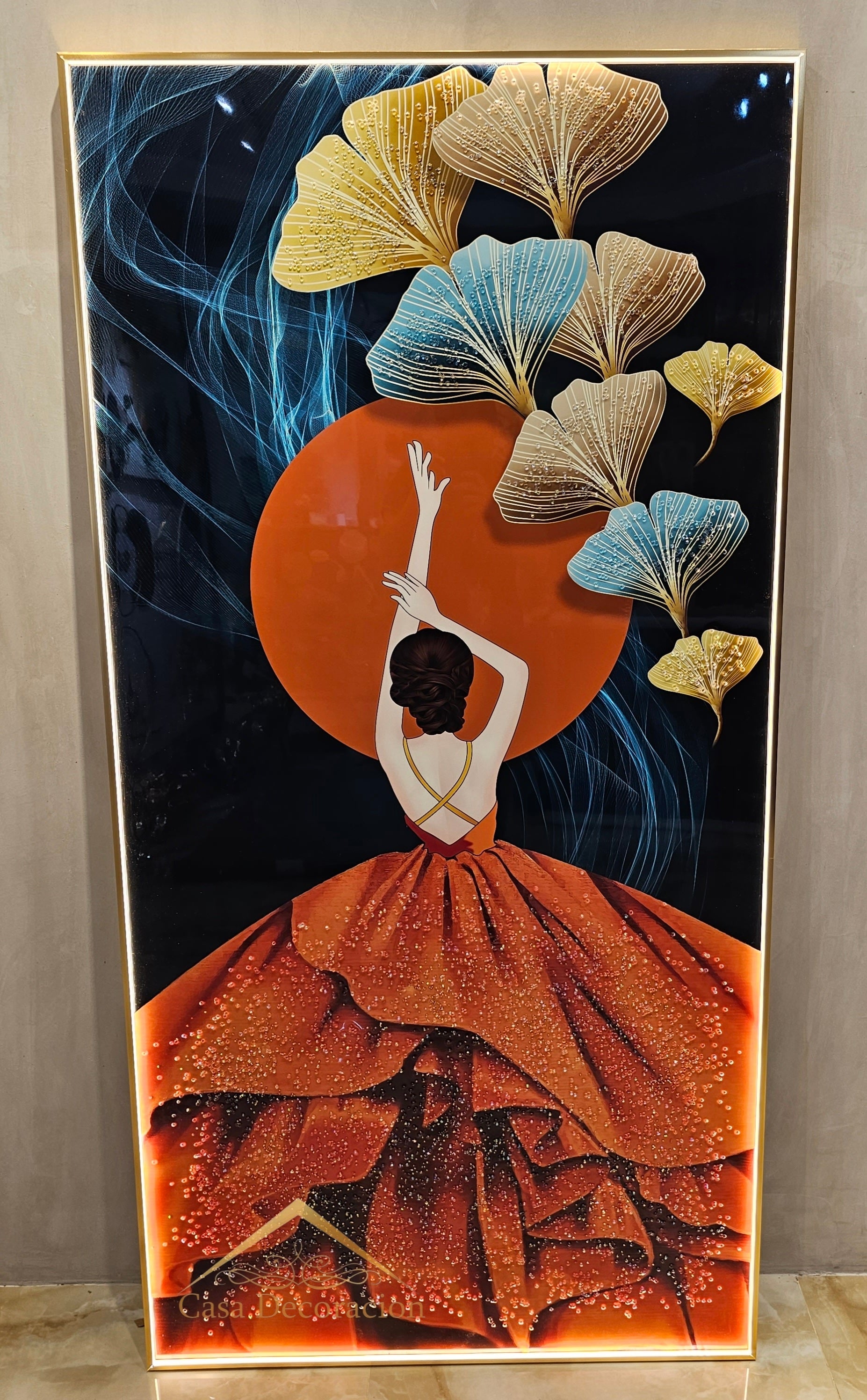 Ladys Back View in Orange dress Crystal Porcelain Painting