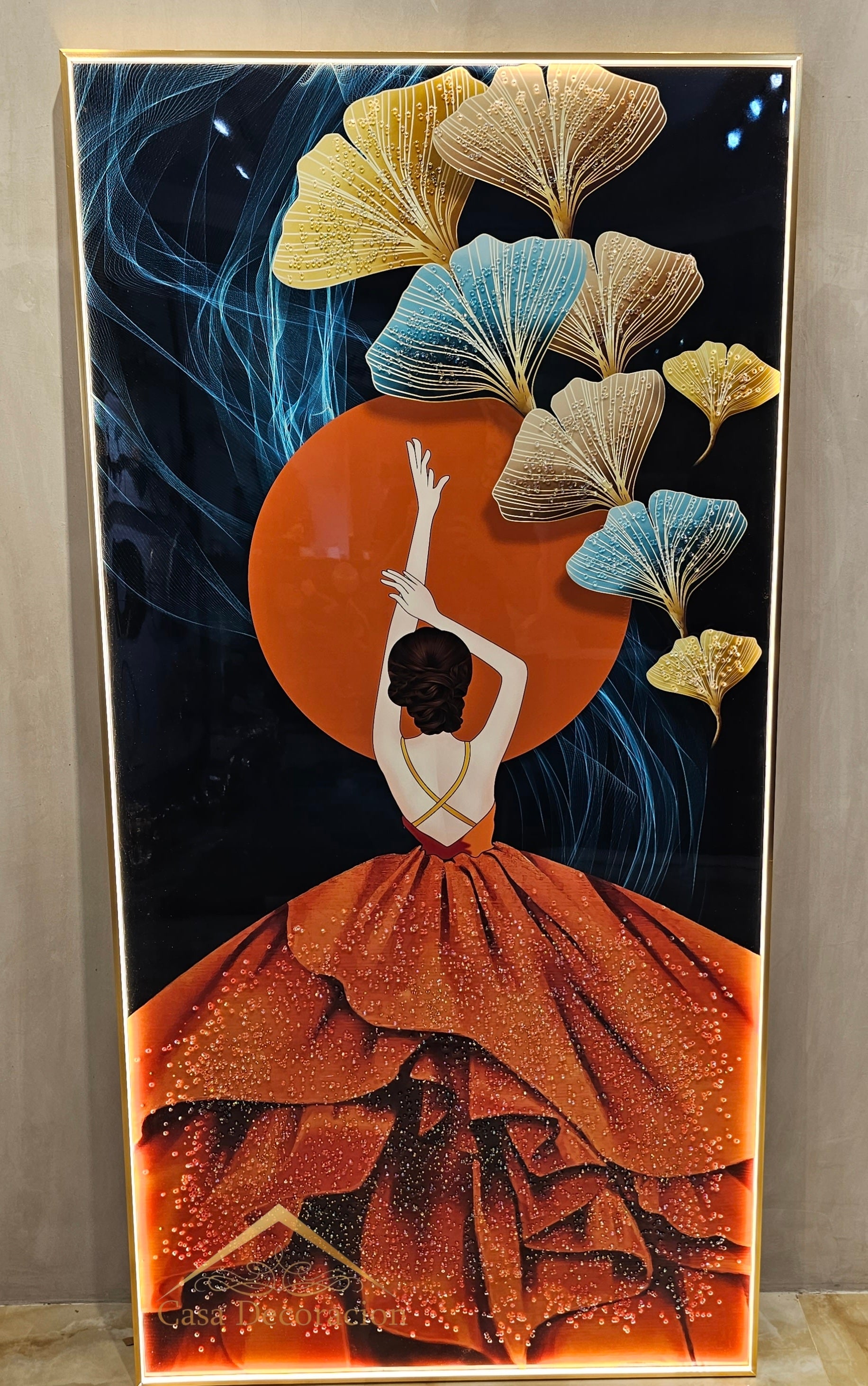 Ladys Back View in Orange dress Crystal Porcelain Painting