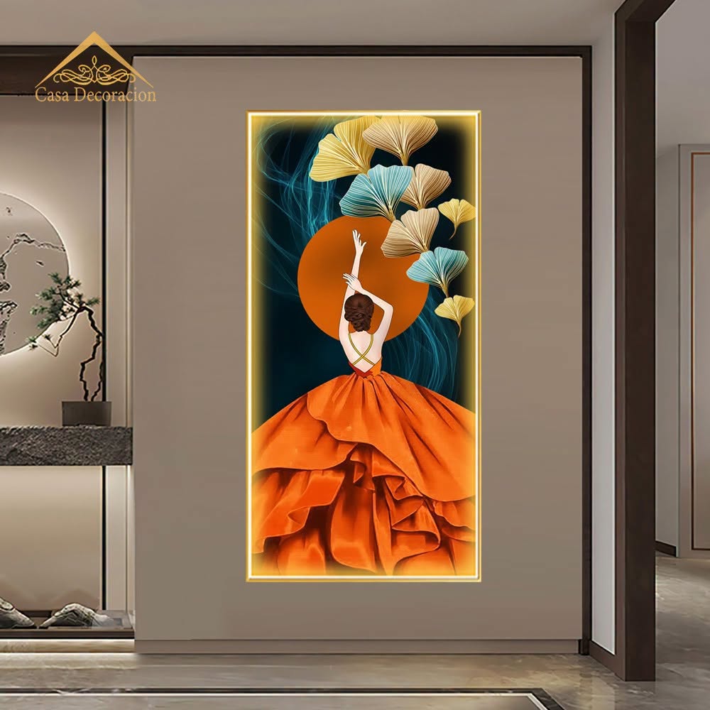 Ladys Back View in Orange dress Crystal Porcelain Painting