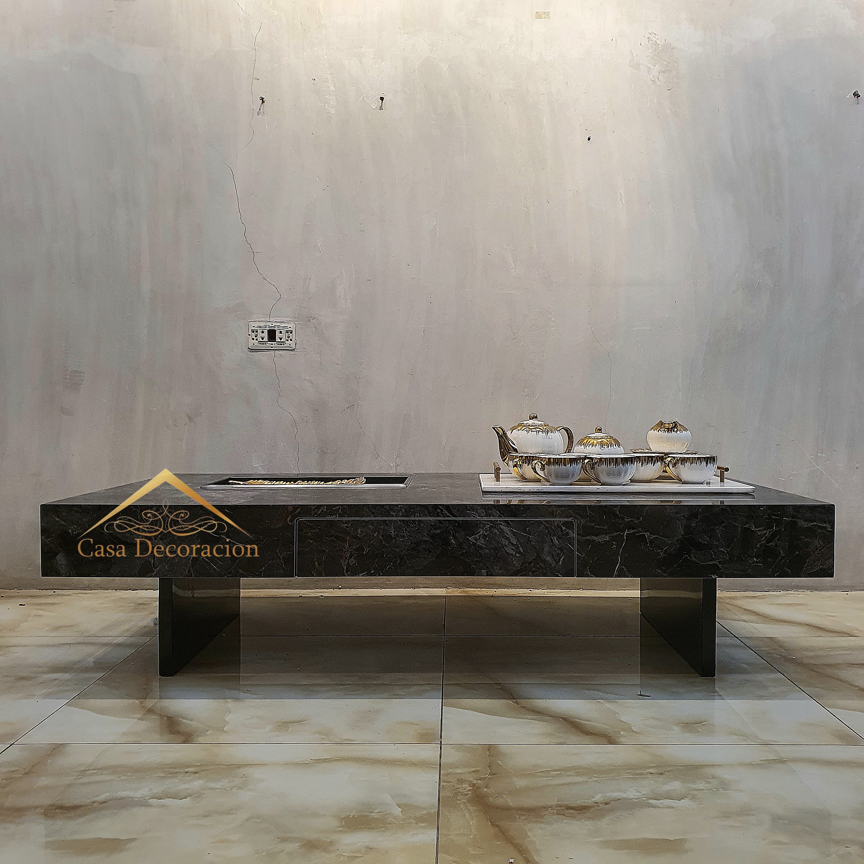 Black Marble Finish Center Table w/Pull-out Drawer