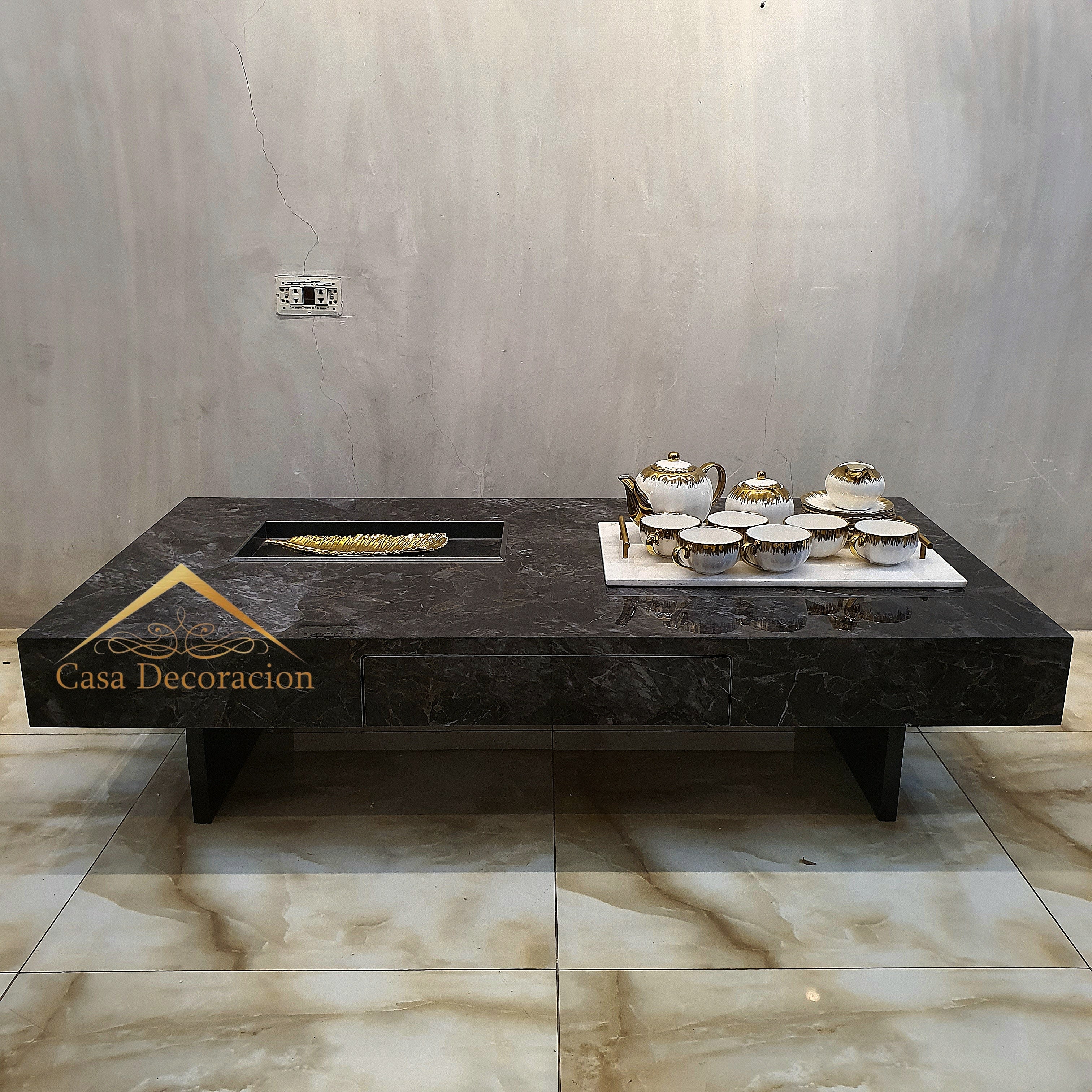 Black Marble Finish Center Table w/Pull-out Drawer