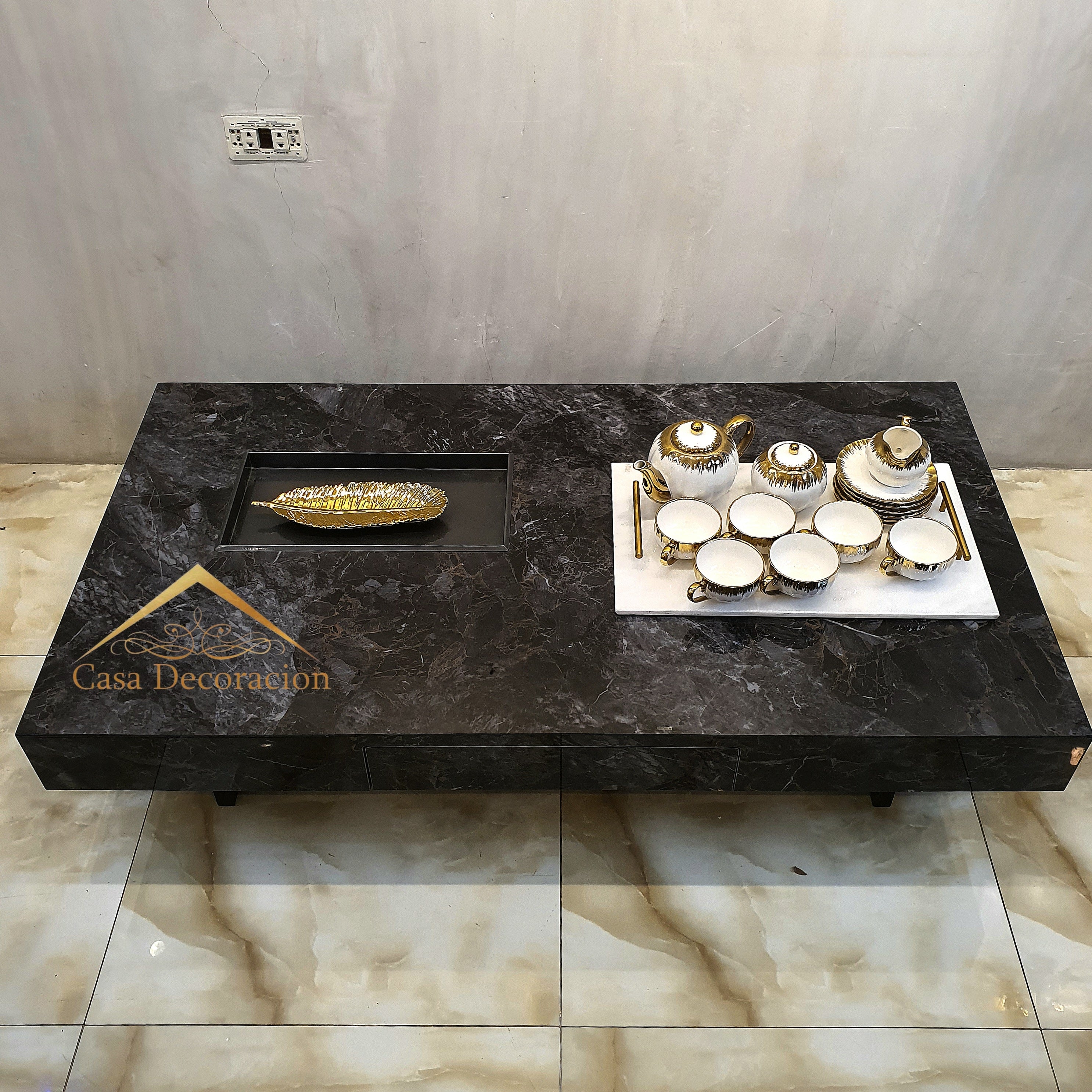 Black Marble Finish Center Table w/Pull-out Drawer