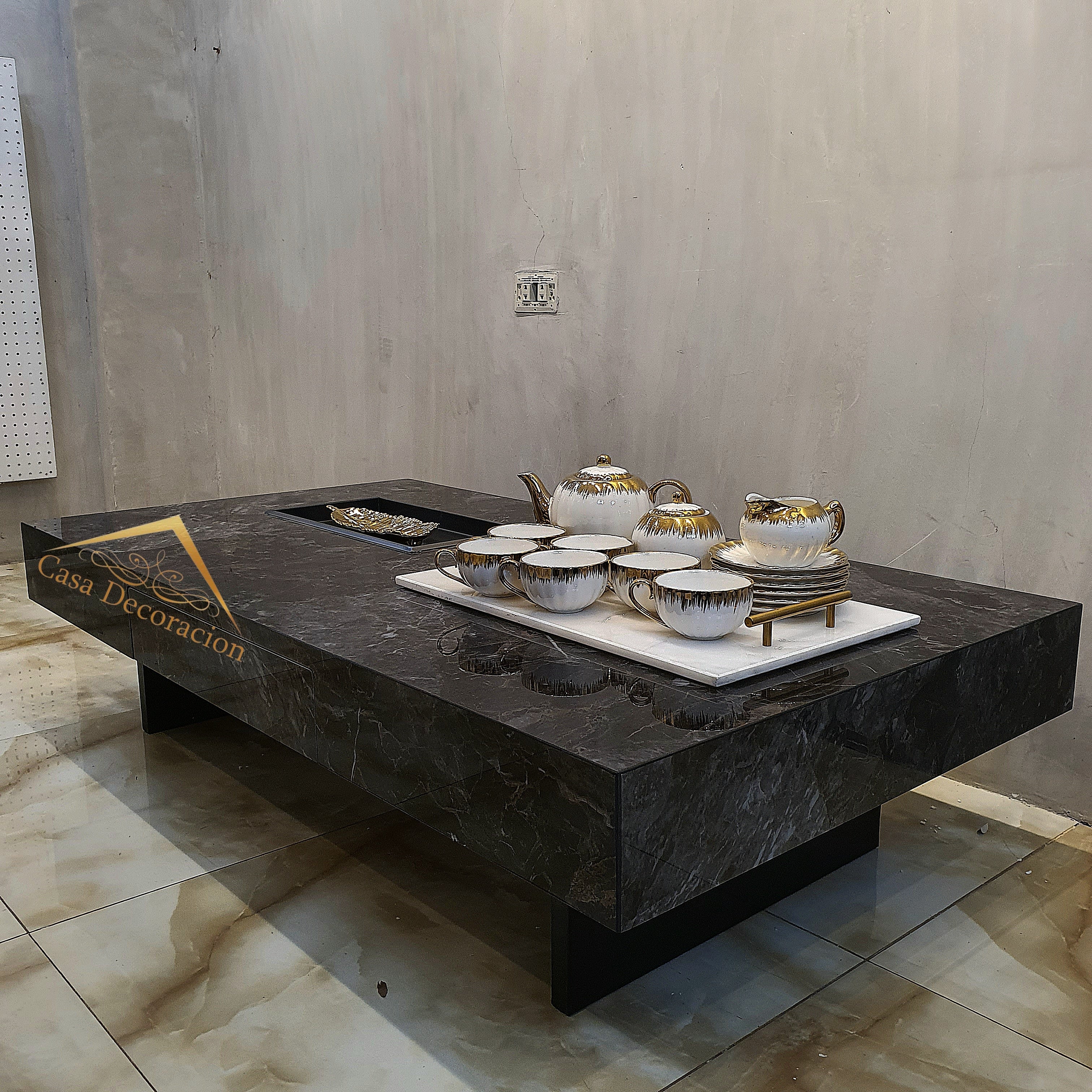 Black Marble Finish Center Table w/Pull-out Drawer