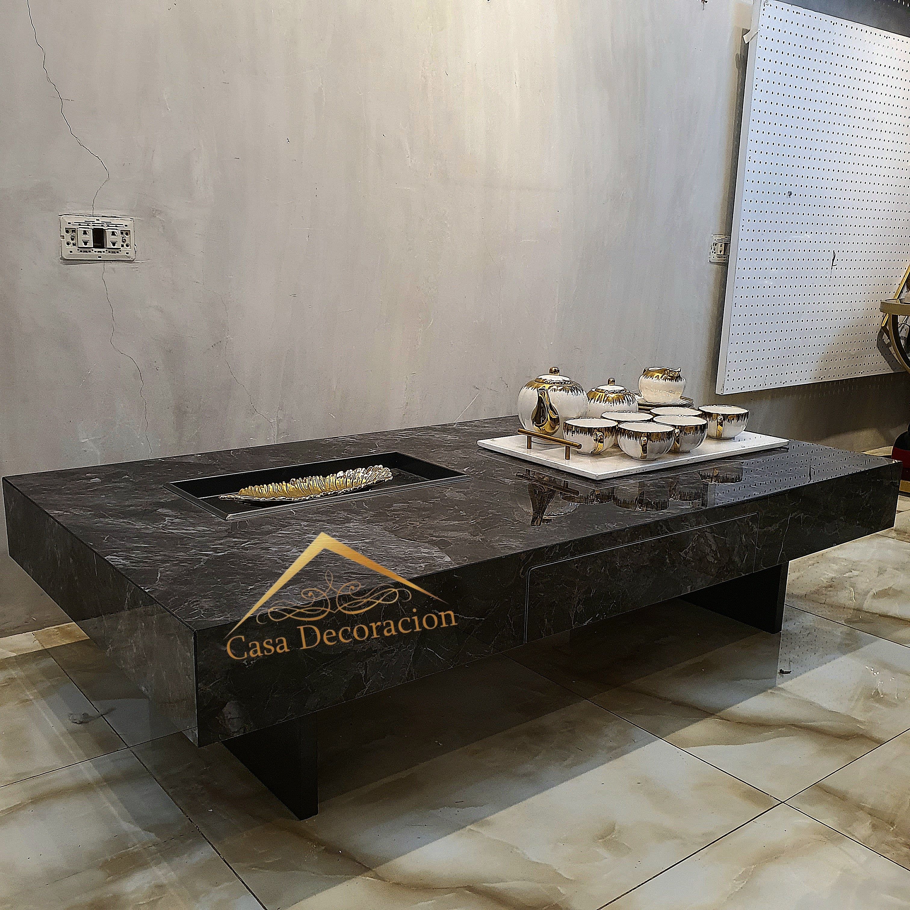 Black Marble Finish Center Table w/Pull-out Drawer