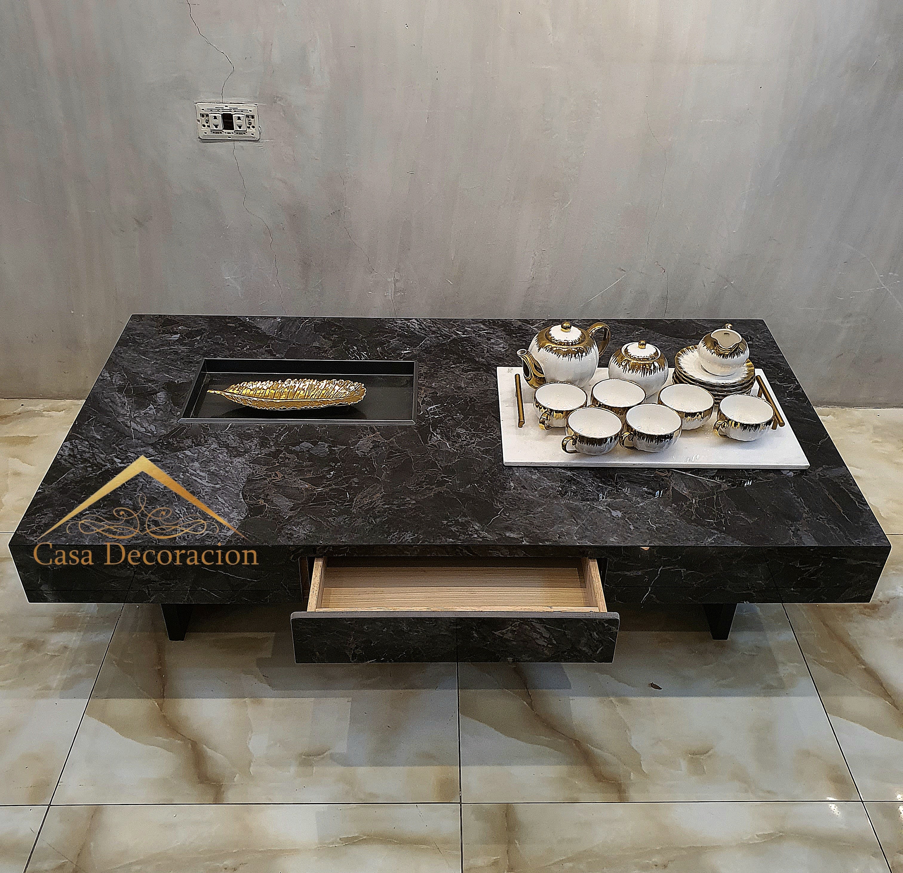 Black Marble Finish Center Table w/Pull-out Drawer