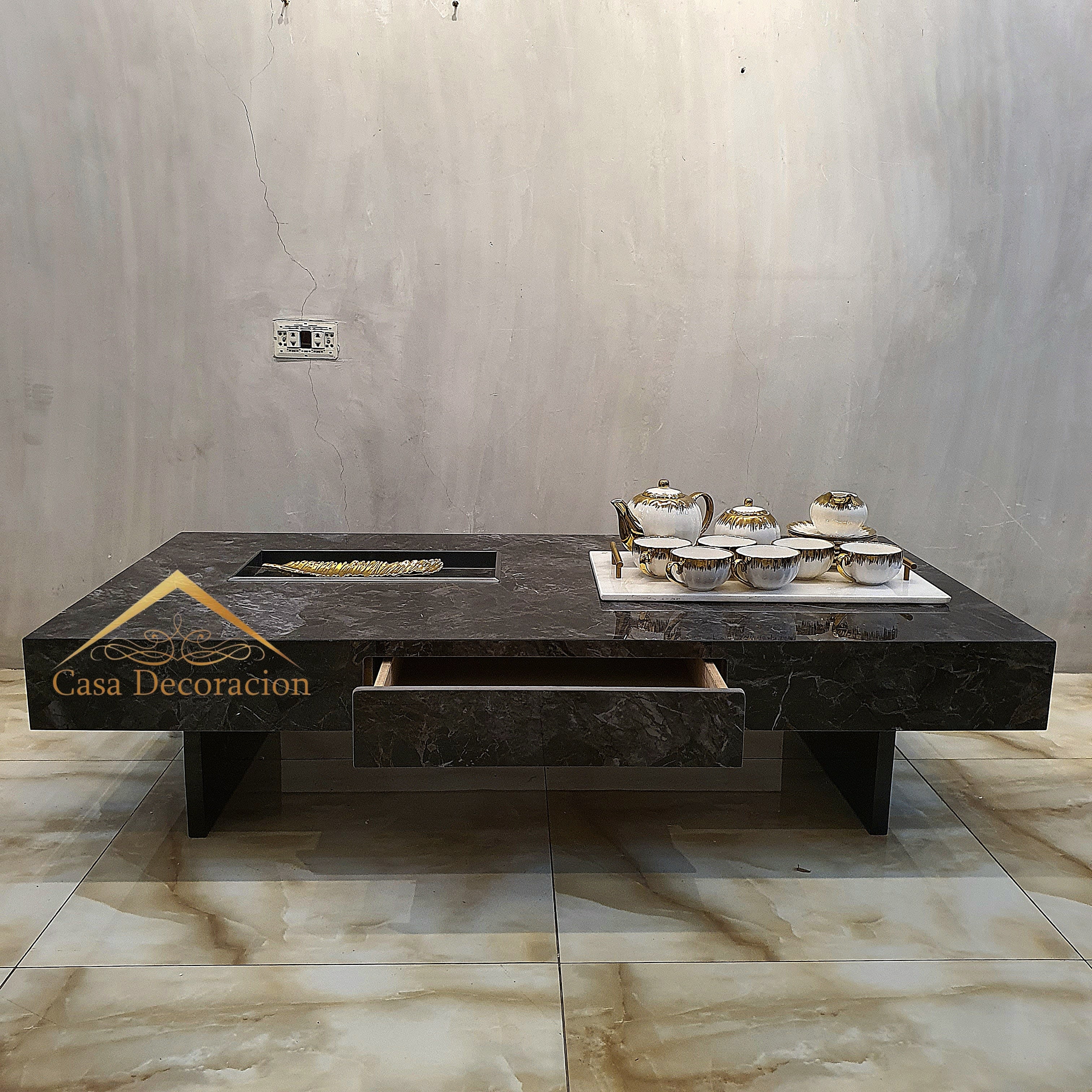 Black Marble Finish Center Table w/Pull-out Drawer