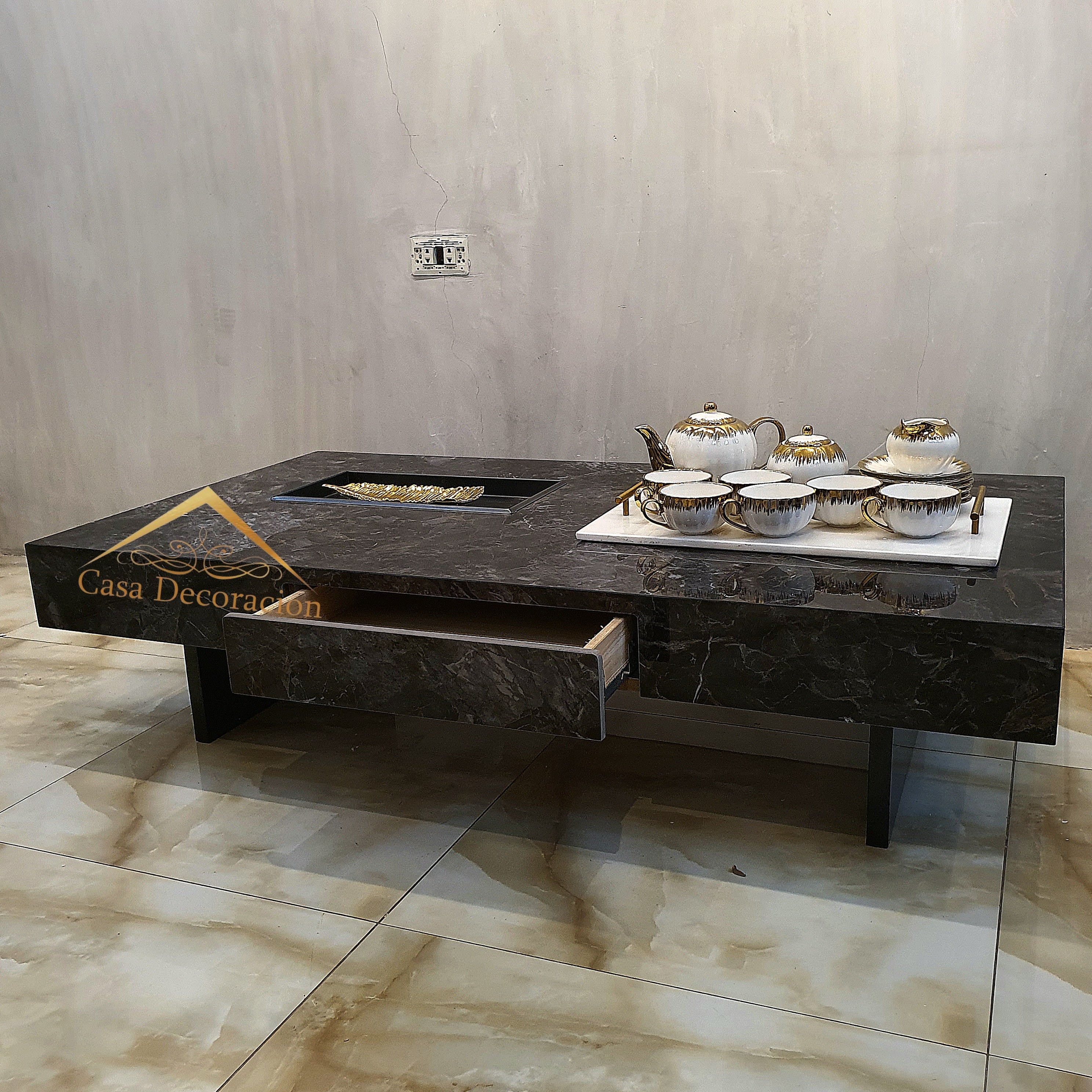 Black Marble Finish Center Table w/Pull-out Drawer
