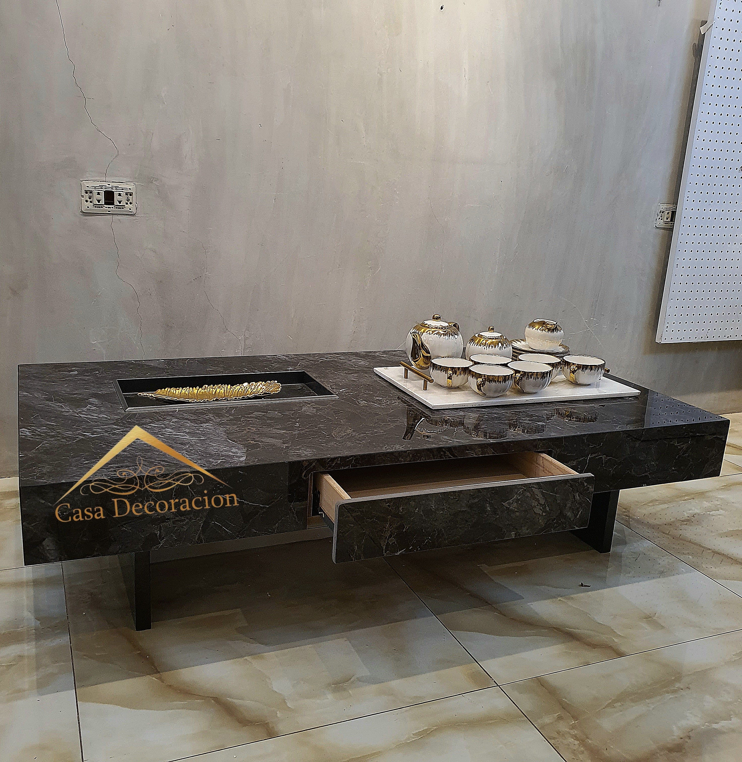 Black Marble Finish Center Table w/Pull-out Drawer