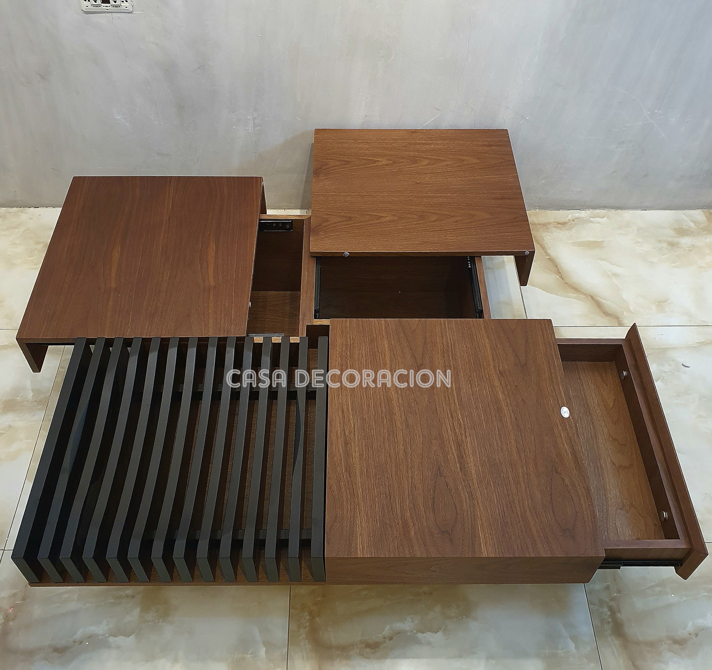Elegant Wood and Black Accent Center Table with 3 Pull-Out Drawers