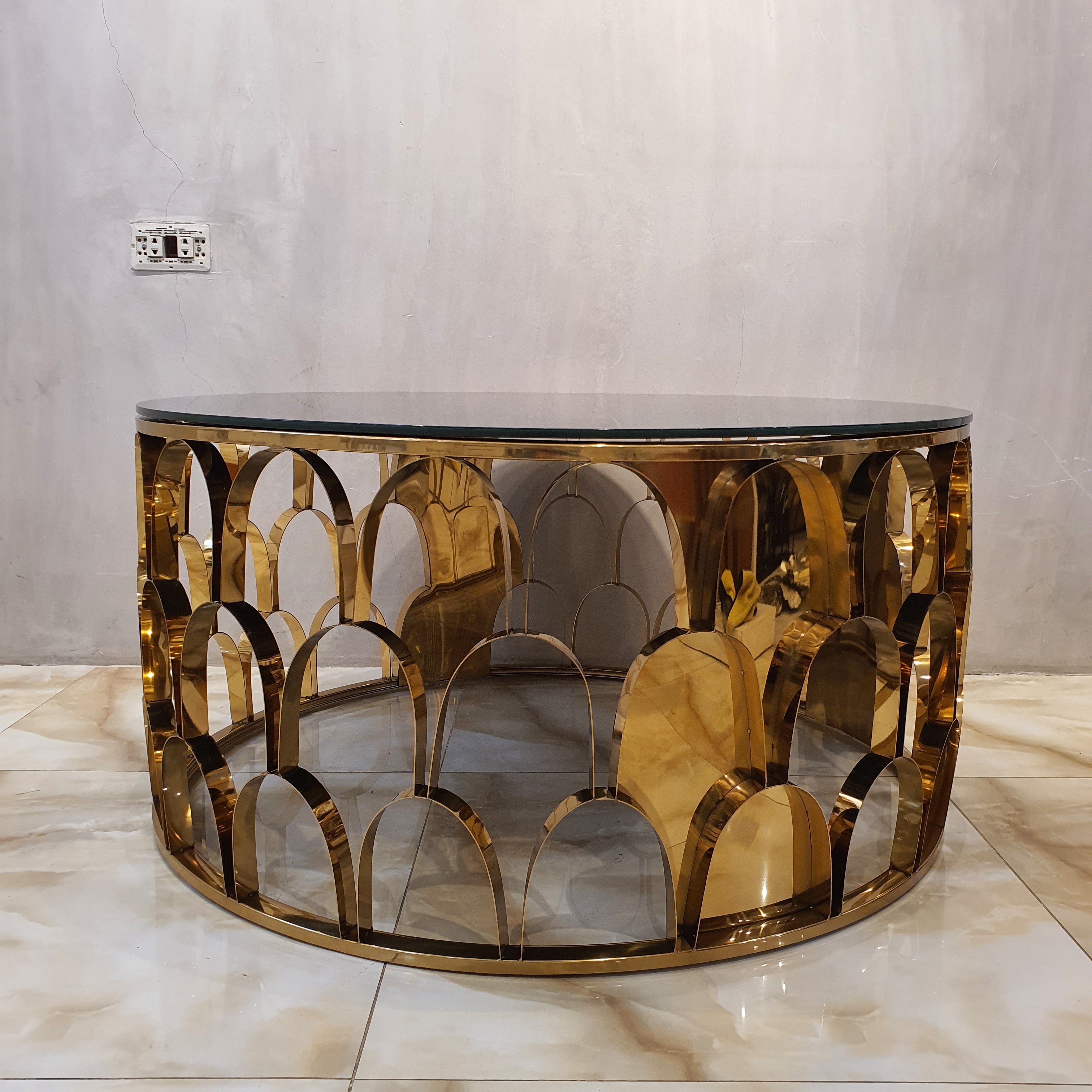 Gold Semi Oval Design Center Table Glass Top-Black