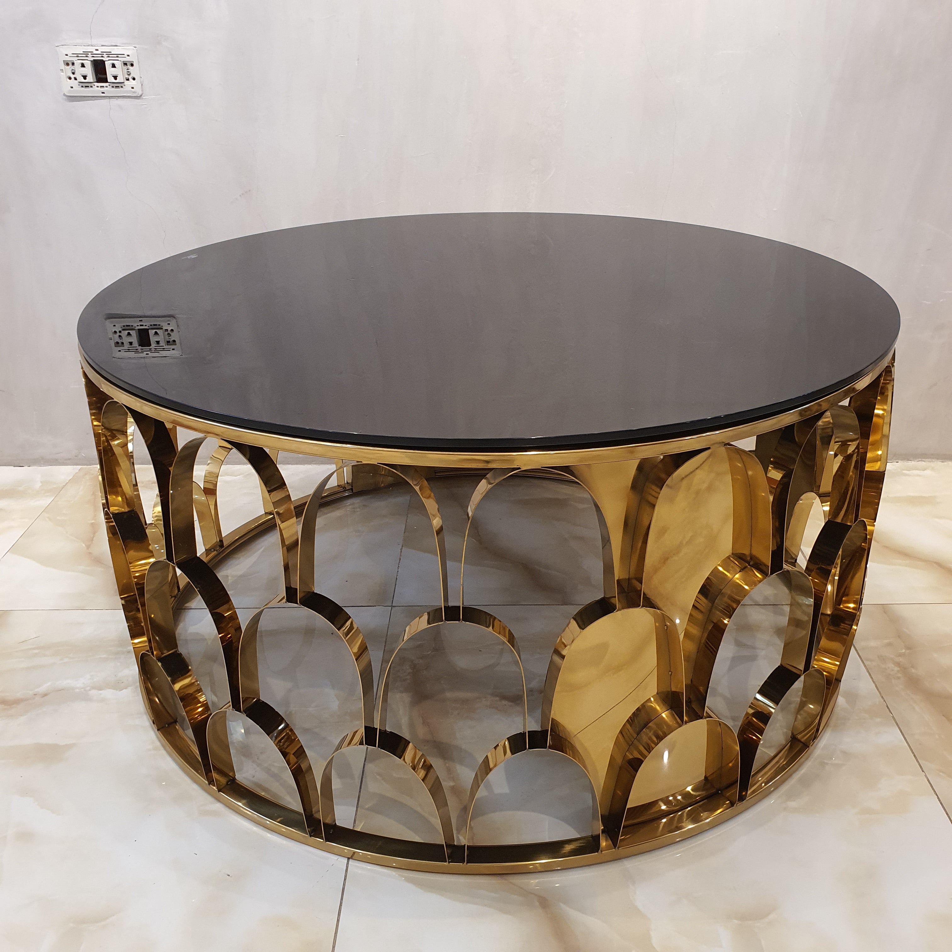 Gold Semi Oval Design Center Table Glass Top-Black