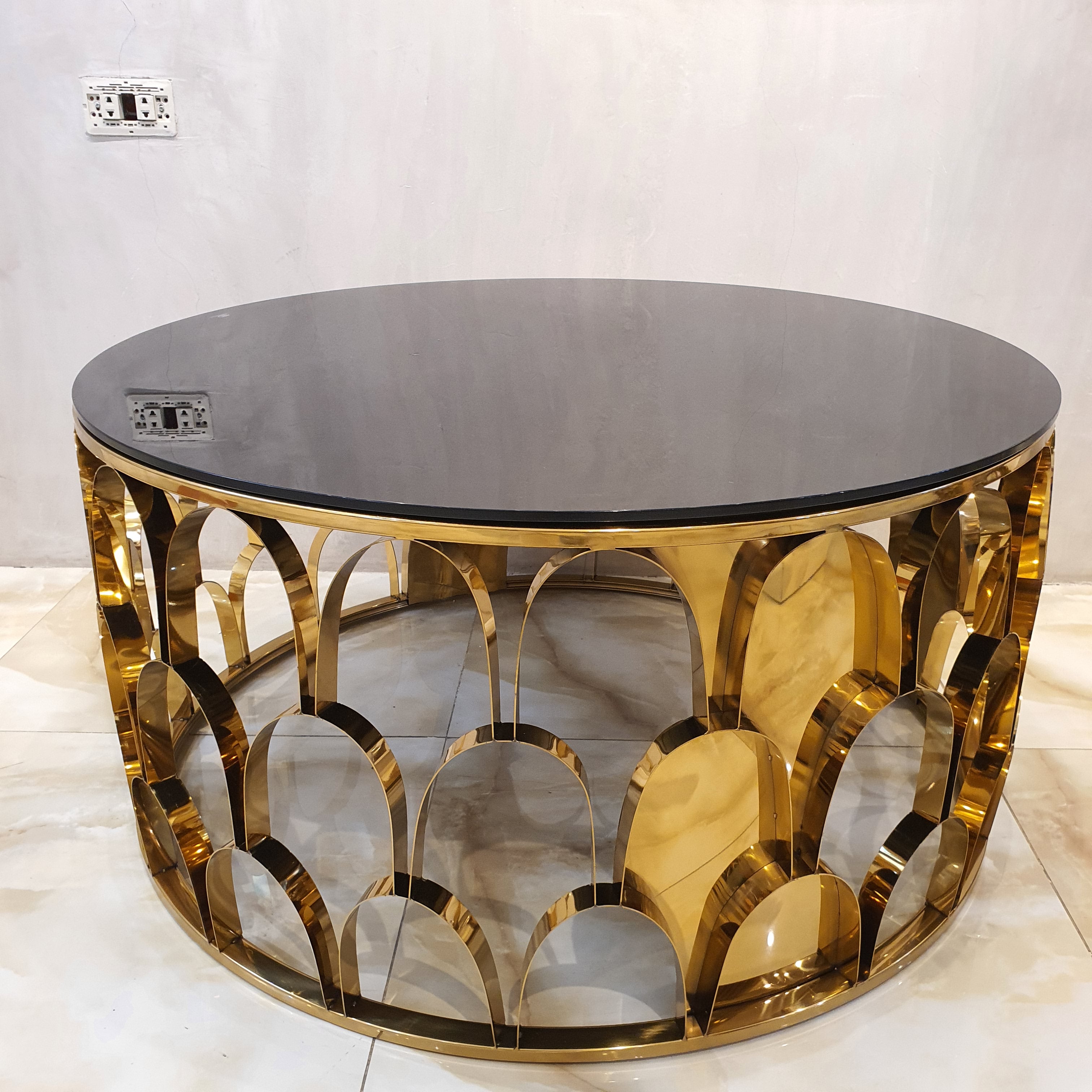 Gold Semi Oval Design Center Table Glass Top-Black