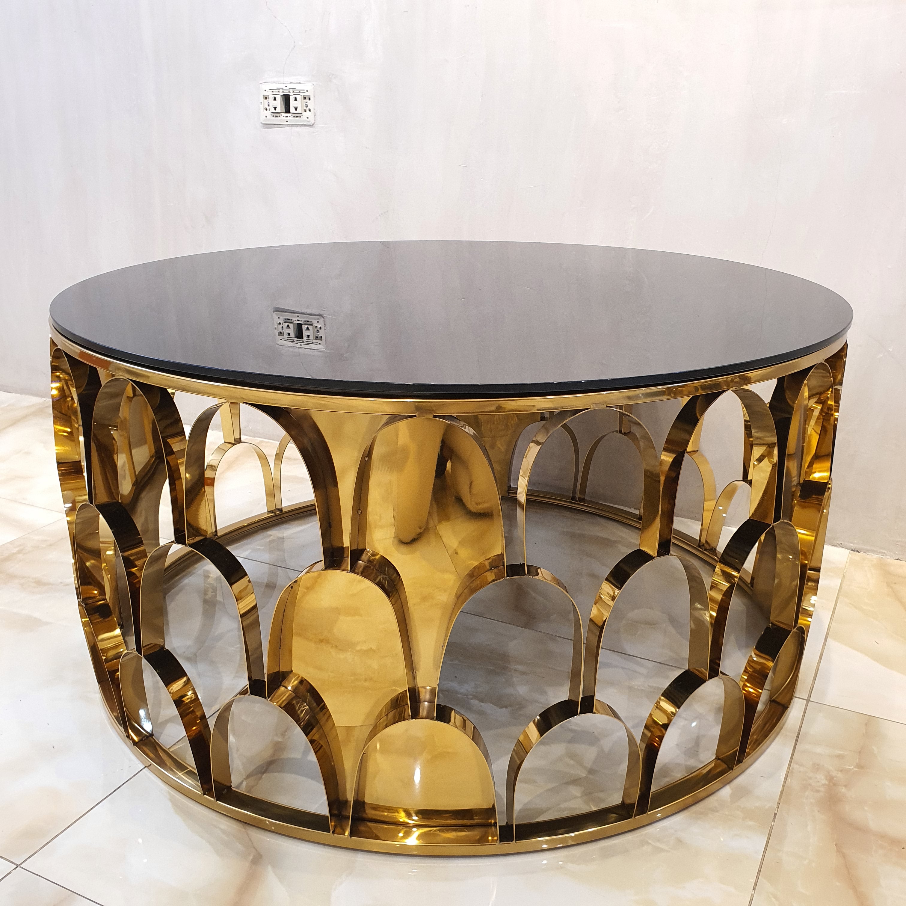 Gold Semi Oval Design Center Table Glass Top-Black