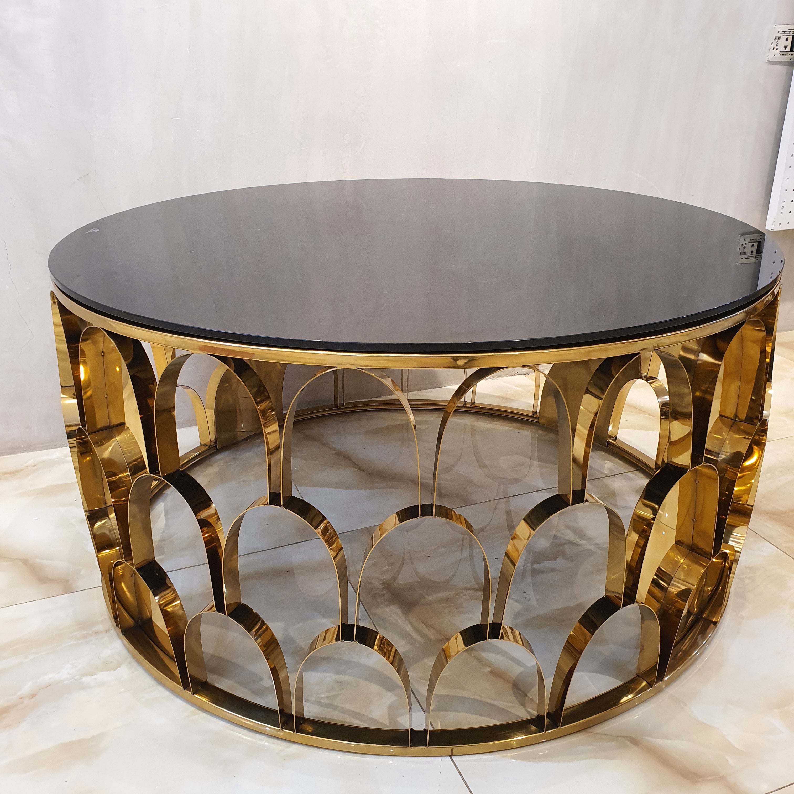 Gold Semi Oval Design Center Table Glass Top-Black