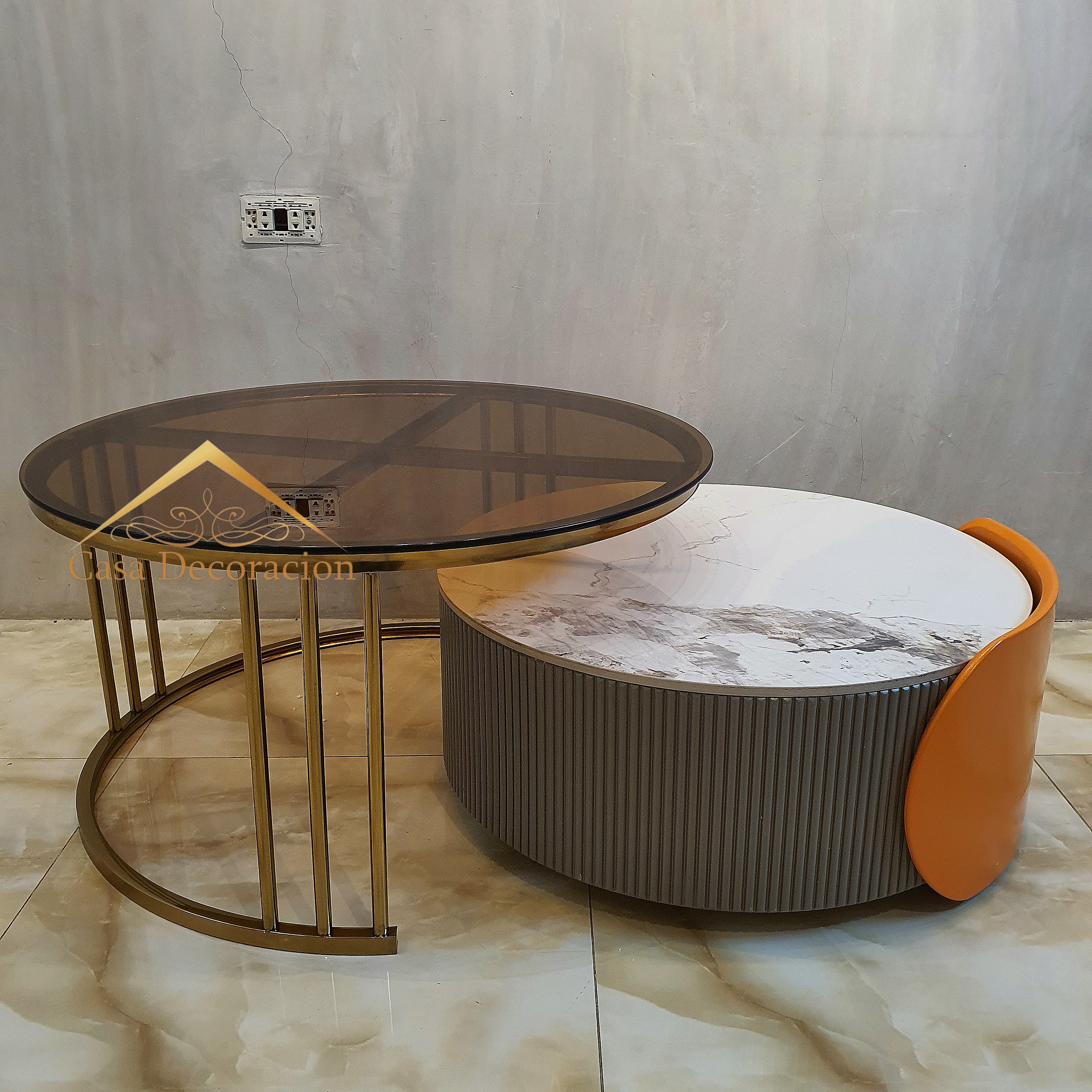 Metal Glass Center Table Clear Glass with Multicolor Side Table White top