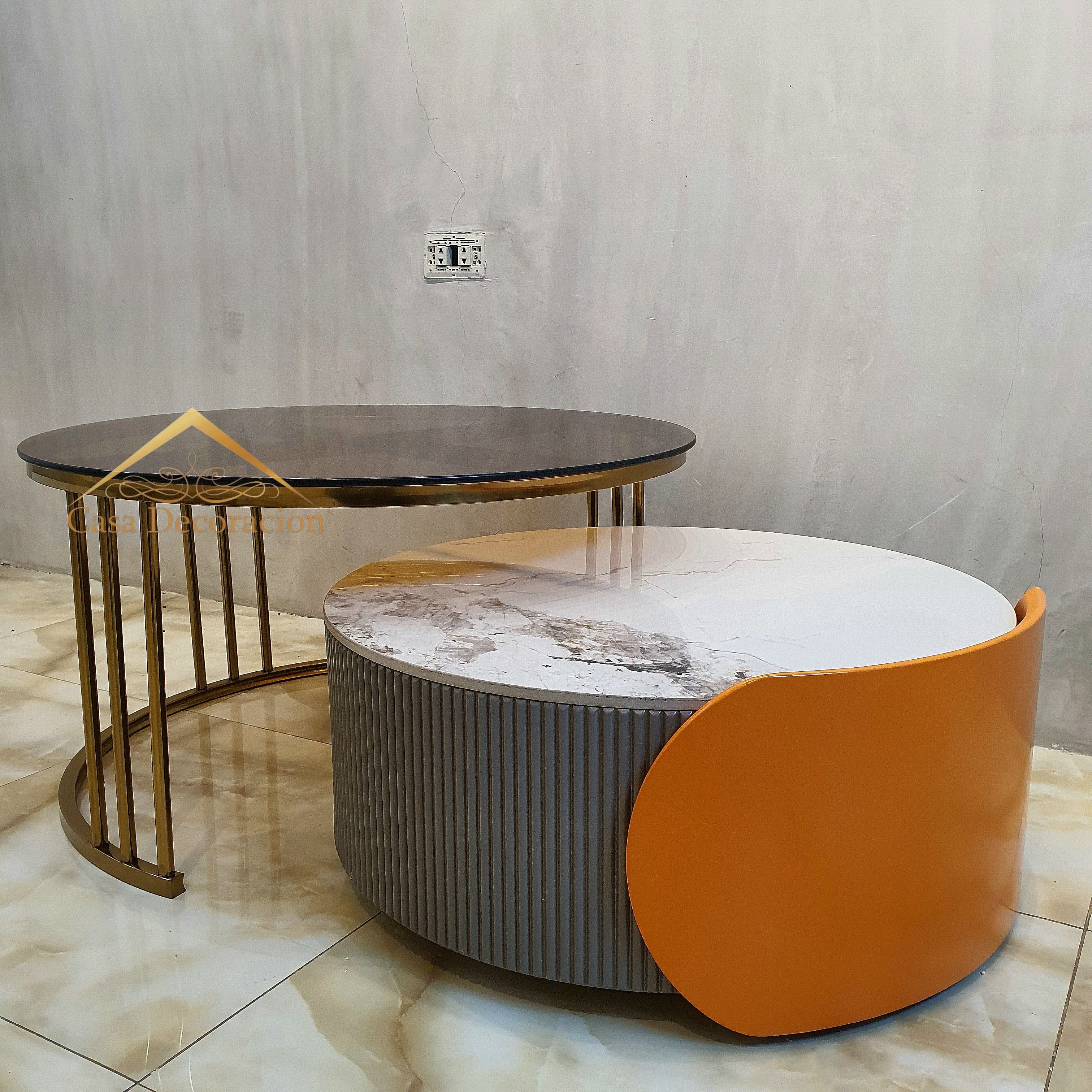 Metal Glass Center Table Clear Glass with Multicolor Side Table White top