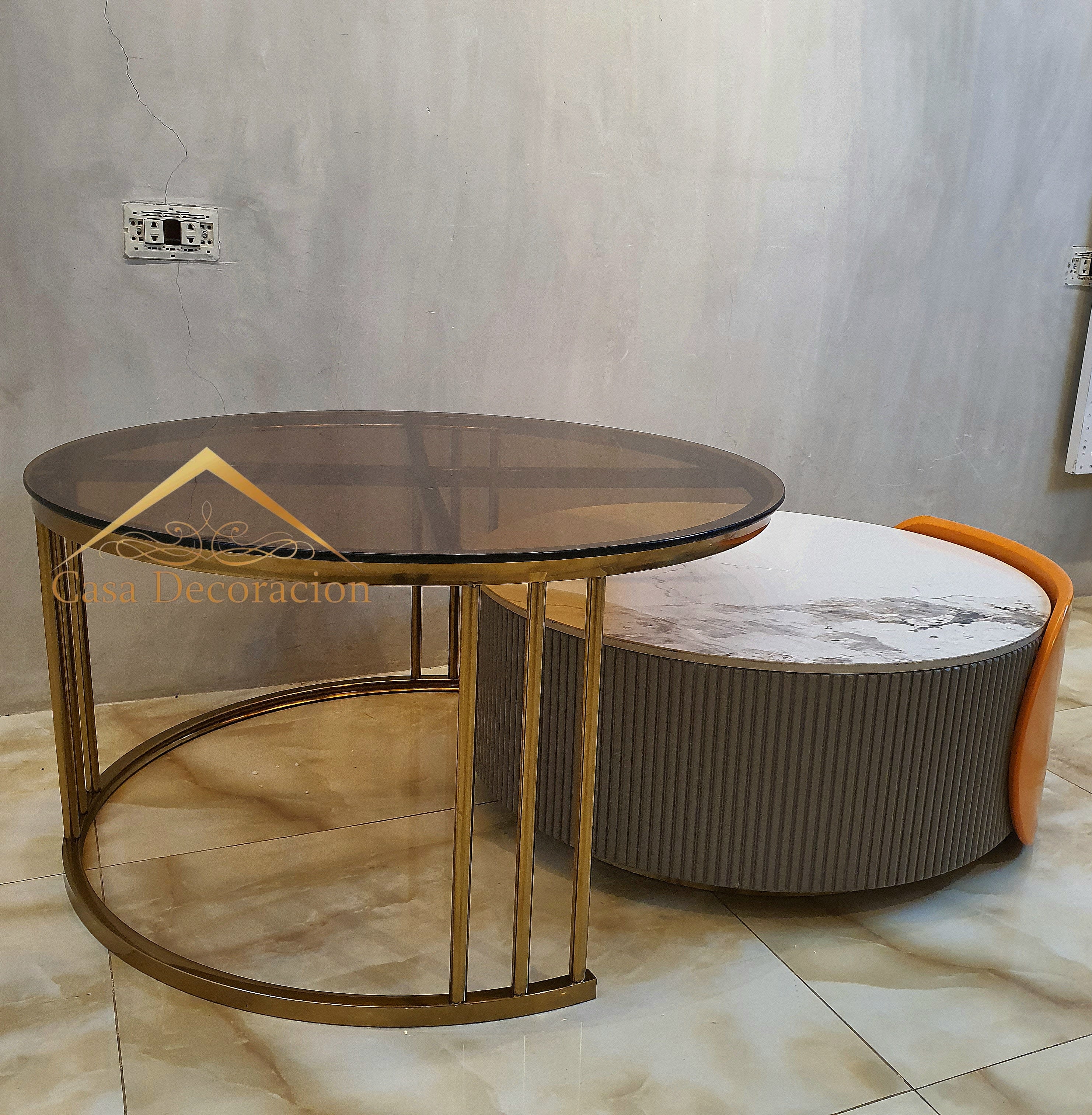 Metal Glass Center Table Clear Glass with Multicolor Side Table White top