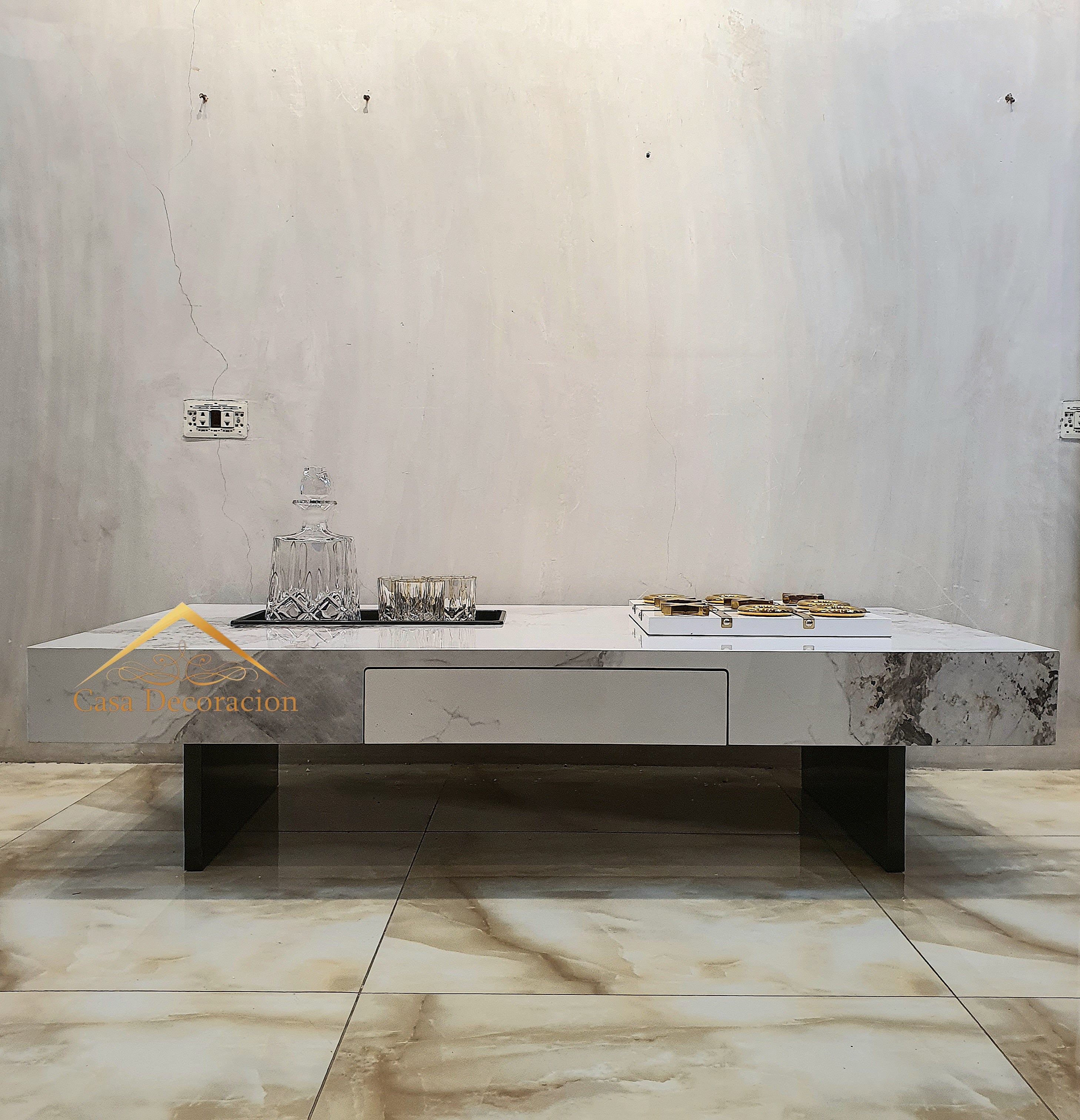 White Marble Finish Center Table w/Pull-out Drawer