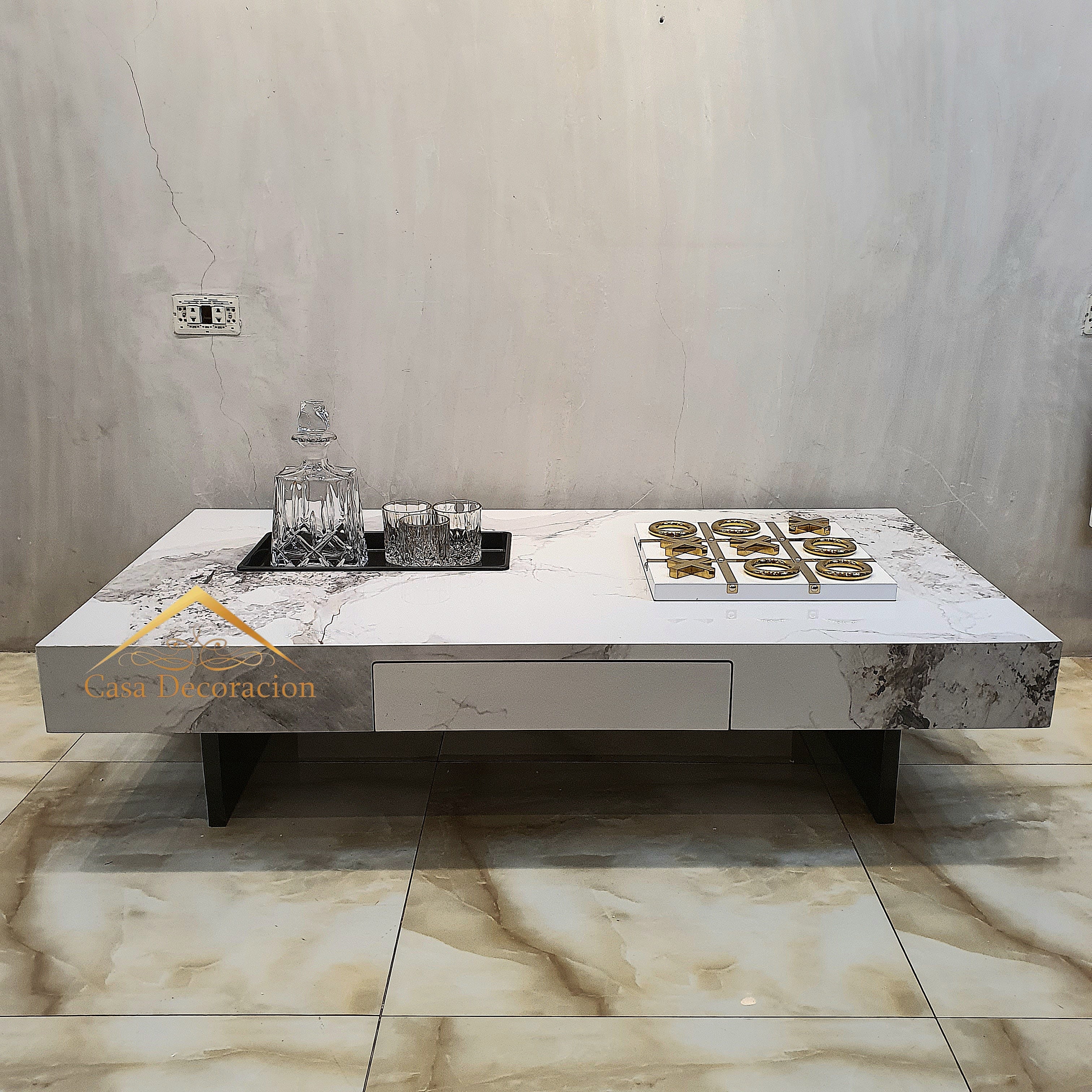 White Marble Finish Center Table w/Pull-out Drawer