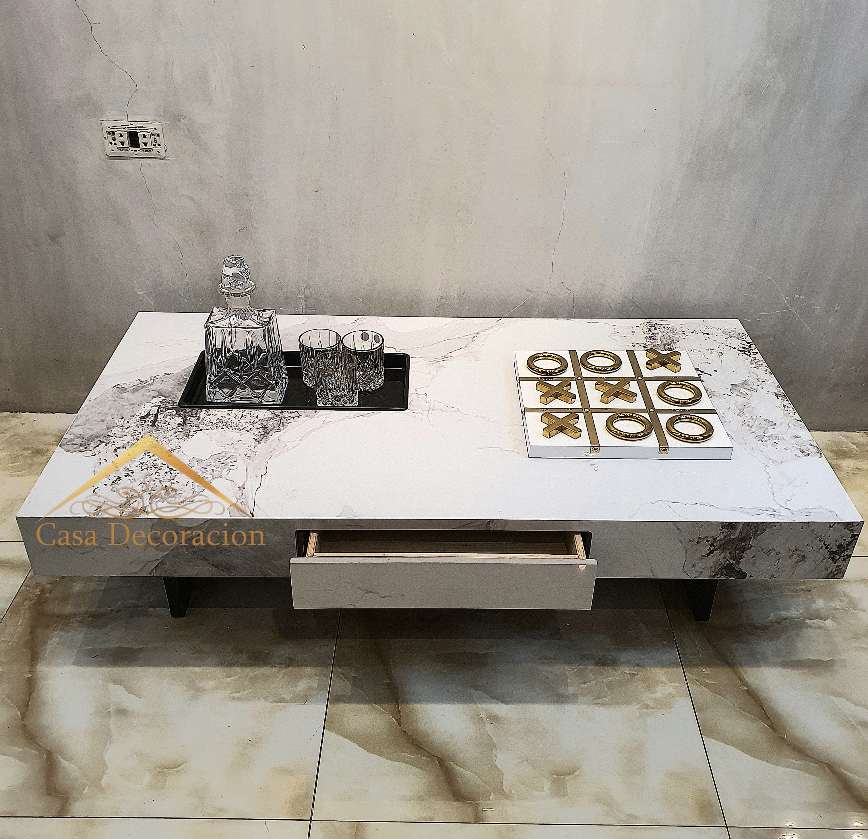 White Marble Finish Center Table w/Pull-out Drawer