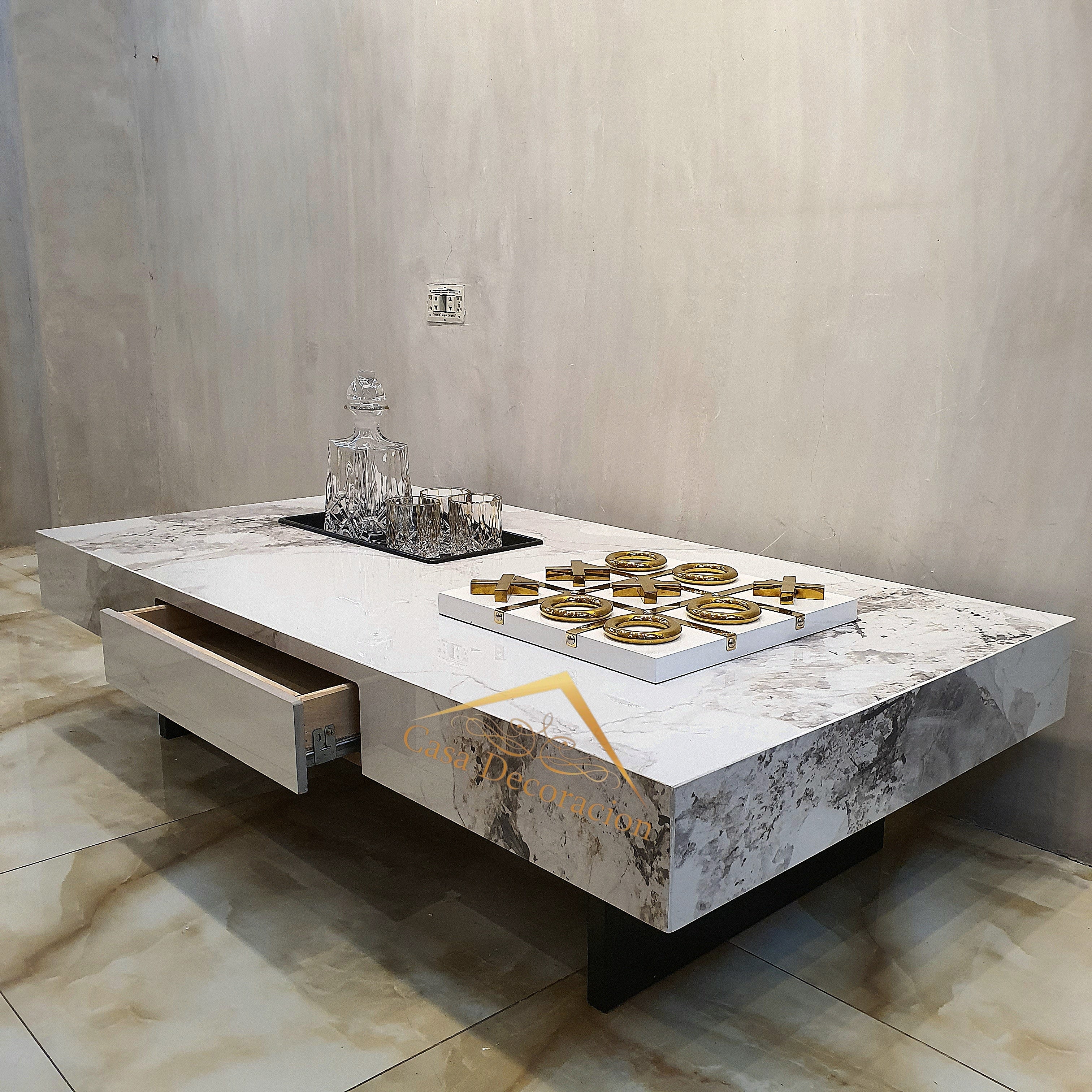 White Marble Finish Center Table w/Pull-out Drawer