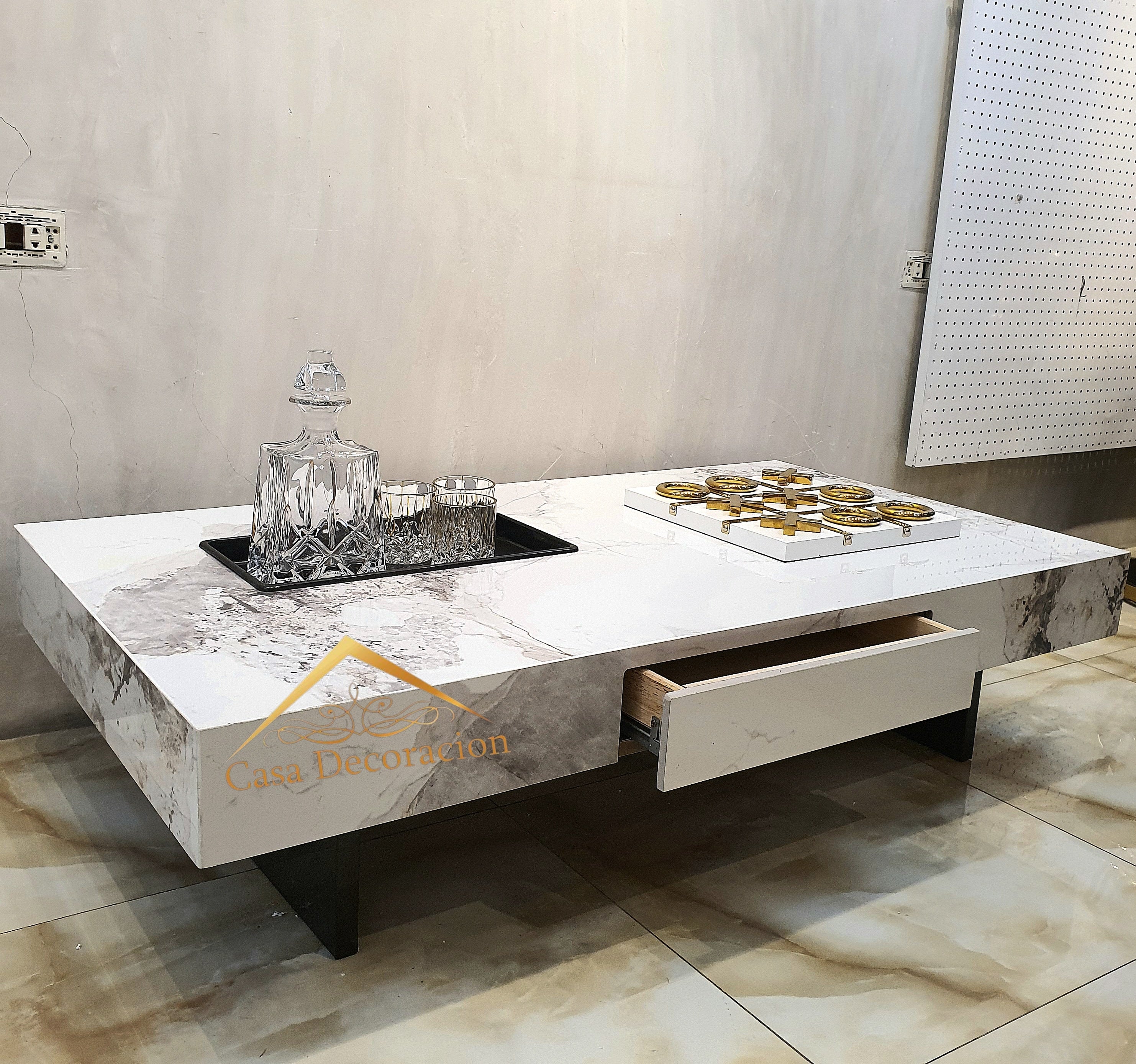 White Marble Finish Center Table w/Pull-out Drawer