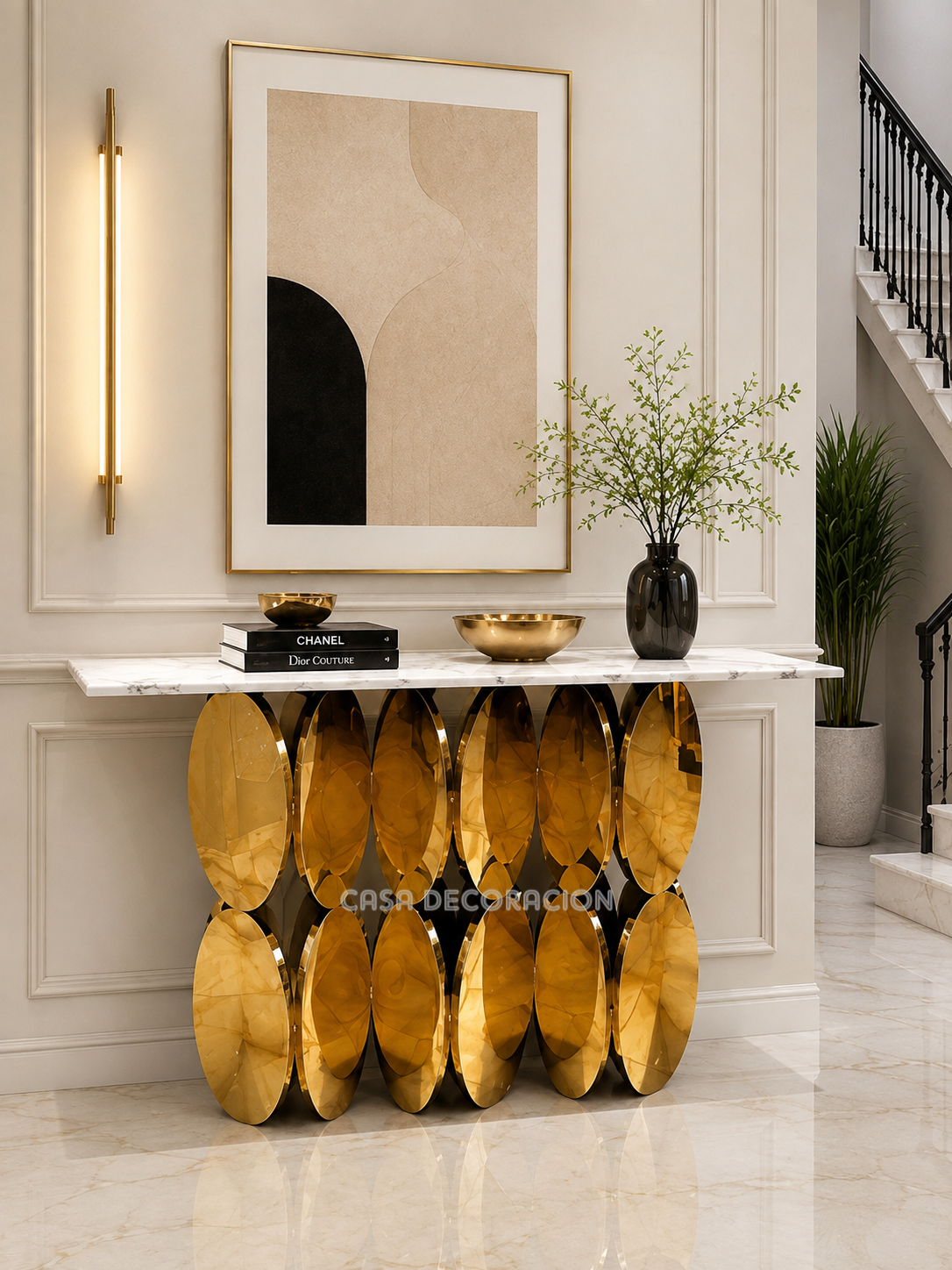 Gold Circular Console Table Black Top